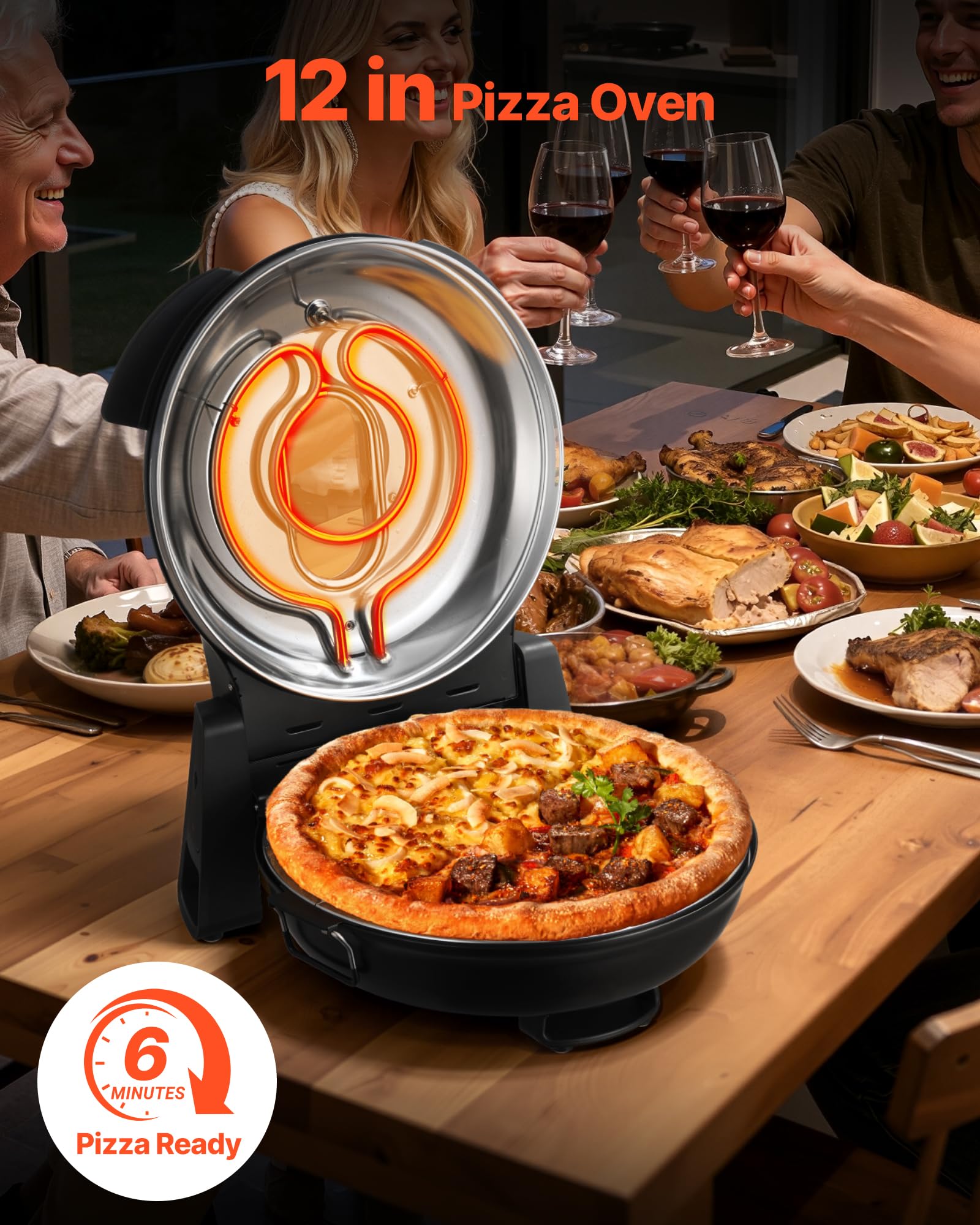 VEVOR Pizzaofen elektrischer Pizzamaker 1200 W Pizzakocher mit Cordieritstein, 5-stufige Temperaturregelung, Sichtfenster für präzises Kochen, erhitzt bis zu 420 °C, Backofen für Zuhause schwarz