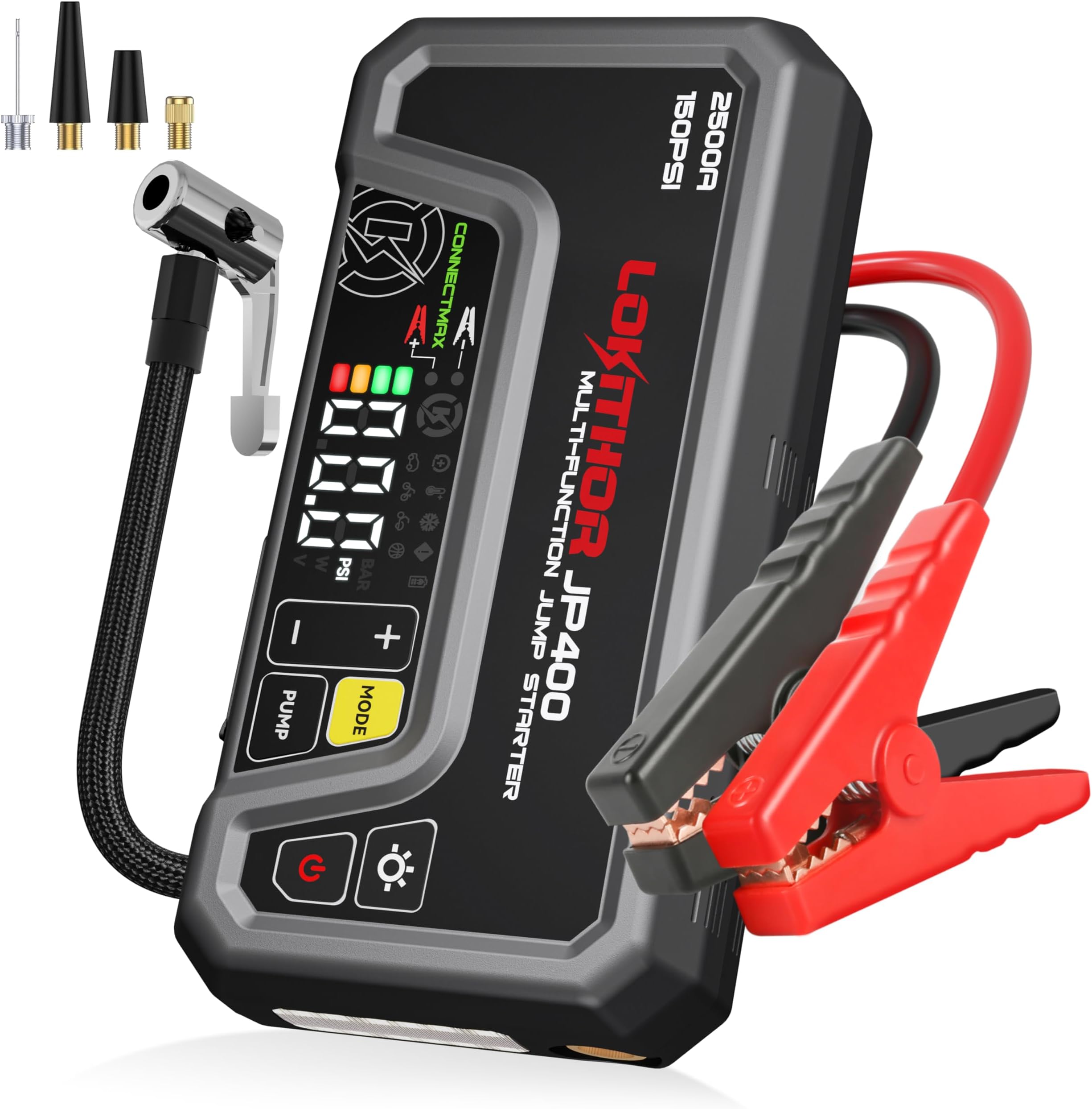 LOKITHOR JP400 Jump Starter with Air Compressor, 2500A 12V Car Battery Jumper Starter Portable (8.5L Gas/6.5L Diesel) with ConnectMax Tech, 150PSI Tire Inflator, Auto-Shutoff & Dynamic Dwell