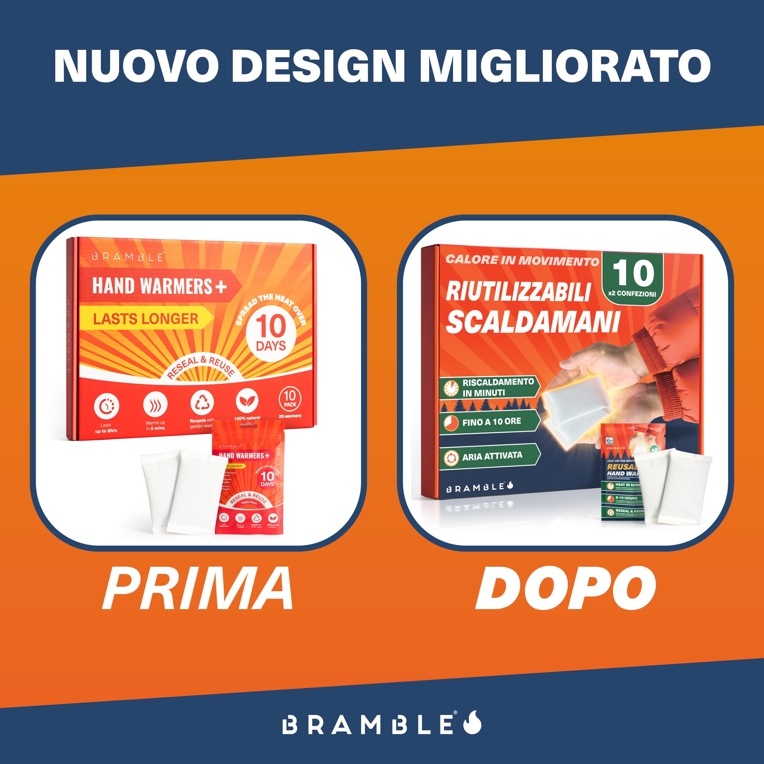 Bramble - Scaldamani riutilizzabili (10 paia, 20 in totale) - Scaldamani tascabili attivati ​​dall'aria con sacchetto richiudibile - Caldi in pochi minuti e inodori - 8 ore di calore per più utilizzi
