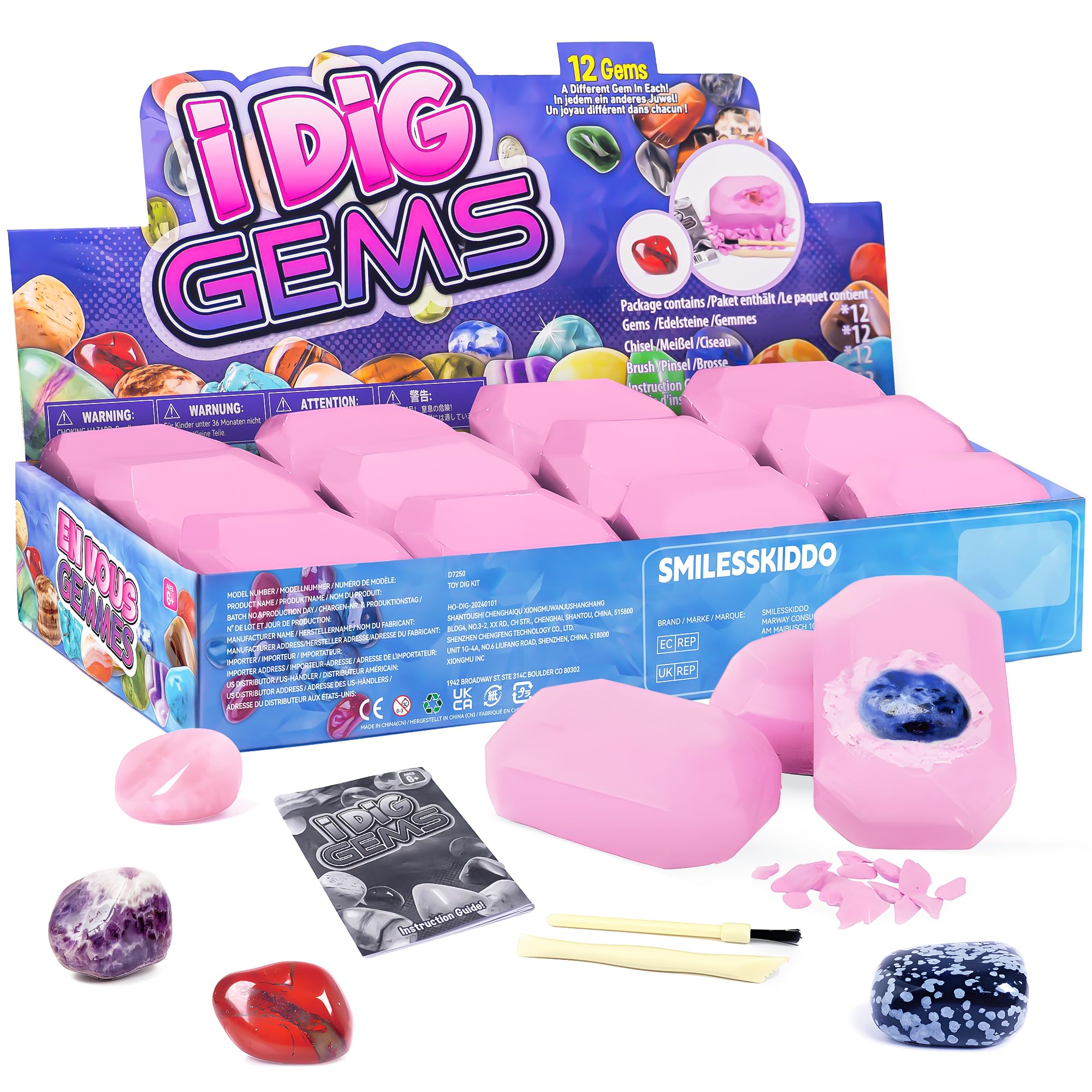 Gemstone Dig Kit - Dig up 12 Real Gems - Gemstones and Crystals Excavation Kit - STEM Toys Rock Collection for Kids, Educational Party Gifts for Boys & Girls