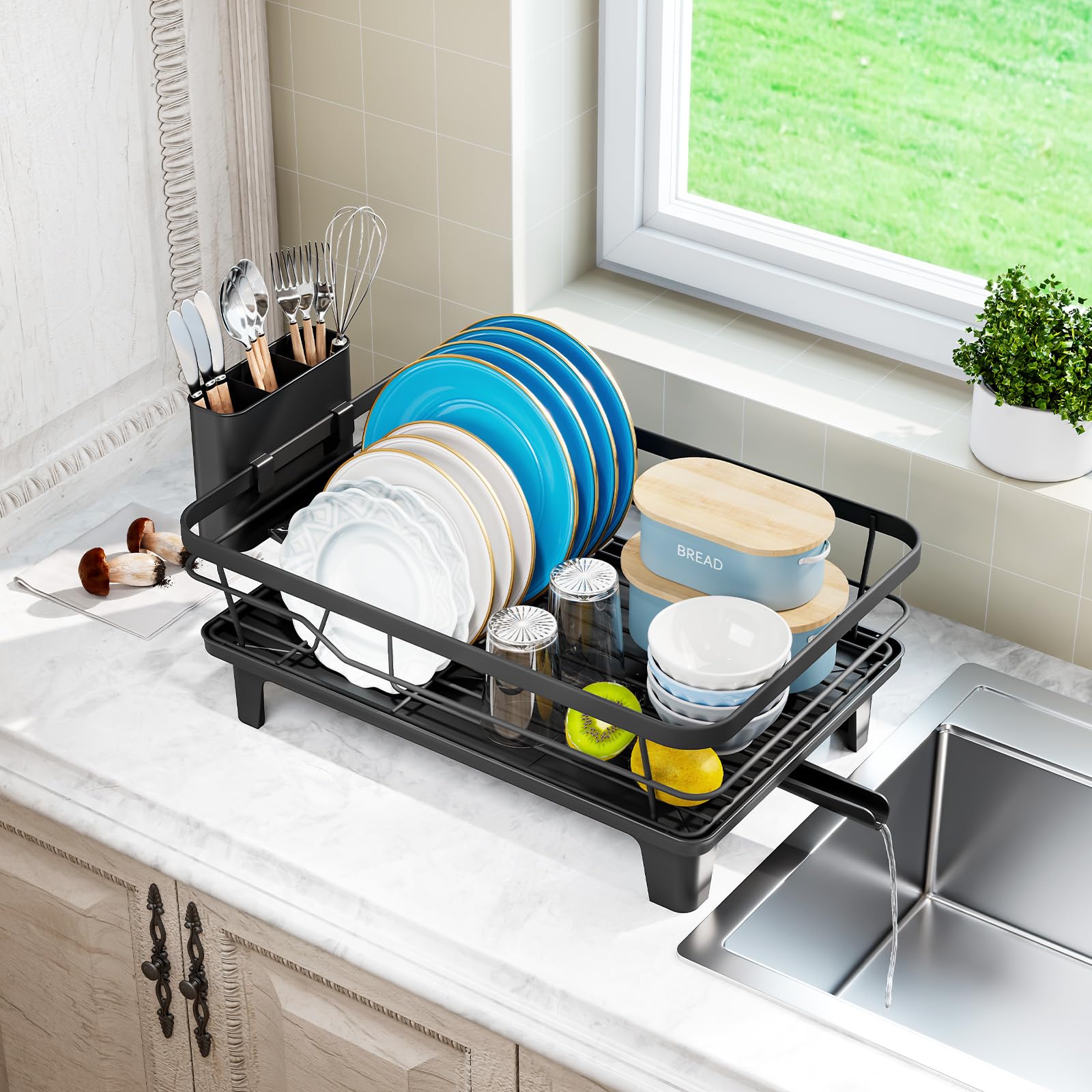 Escurridor de Platos, Escurreplatos con Soporte para Utensilios Extraíble, Escurreplatos de Cocina para Fregadero con Tabla de Escurrir con Pies Elevados, Escurreplatos de Gran Capacidad, Negro