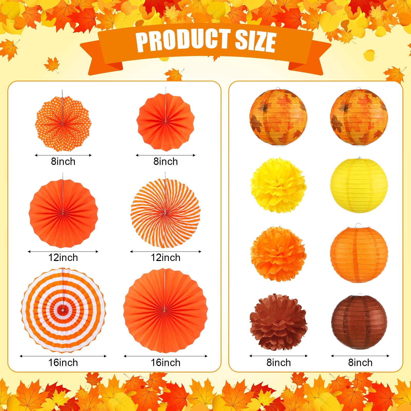 Glooglitter 14 Pcs Fall Party Decoration Set Festival Thanksgiving Party Supplies Include Yellow Orange Brown Paper Lantern Tissue Paper Pom Pom Autumn Hanging Fan for Thanksgiving Harvest