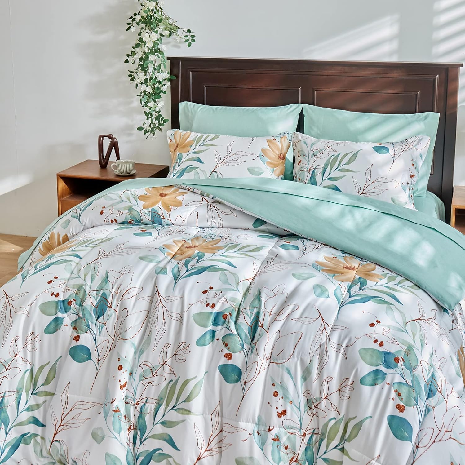 White Comforter Sheet Set with Green Leaves Botanical Bed