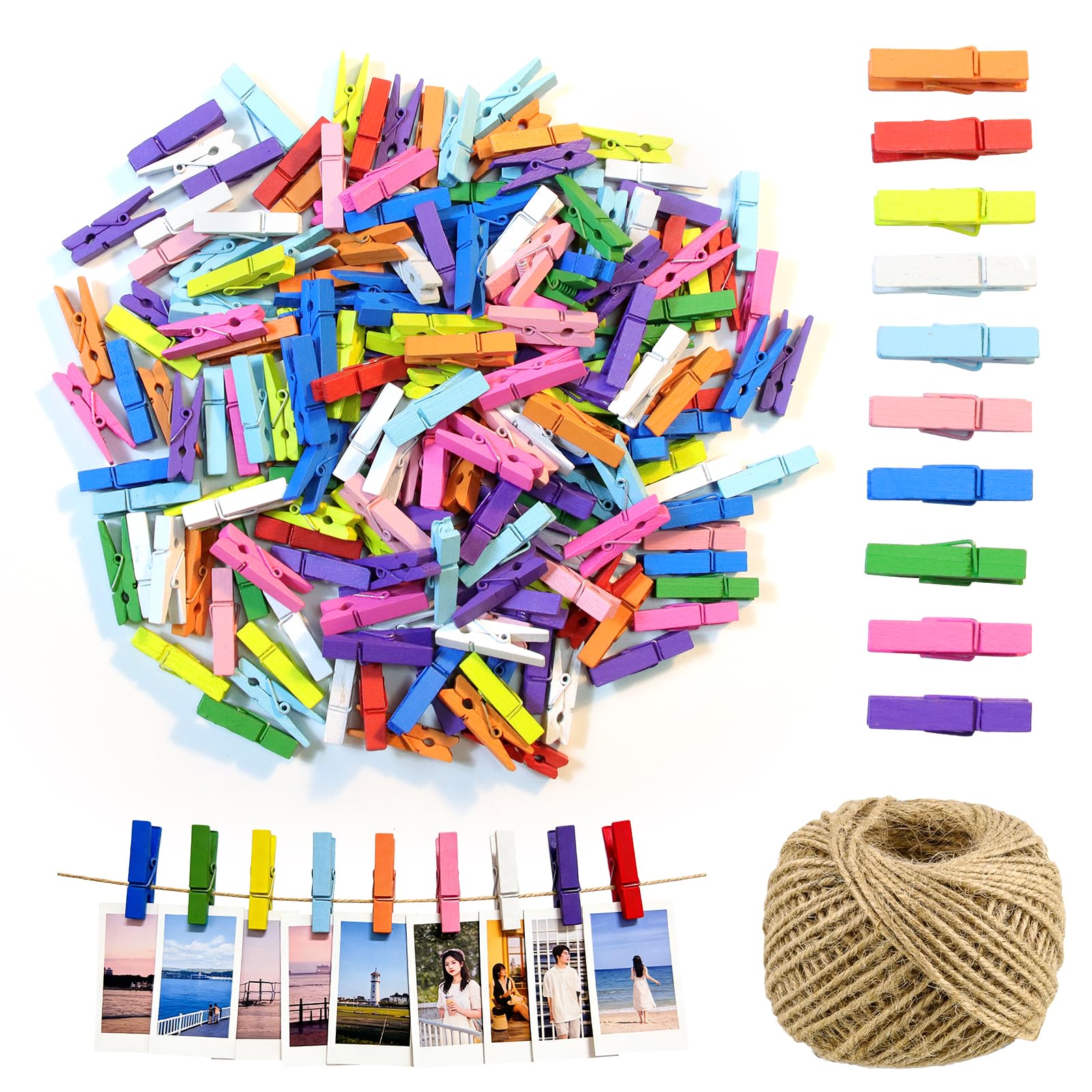 200Pcs Coloured Mini Wooden Pegs with 30m Jute String, 3.5 cm Craft Pegs