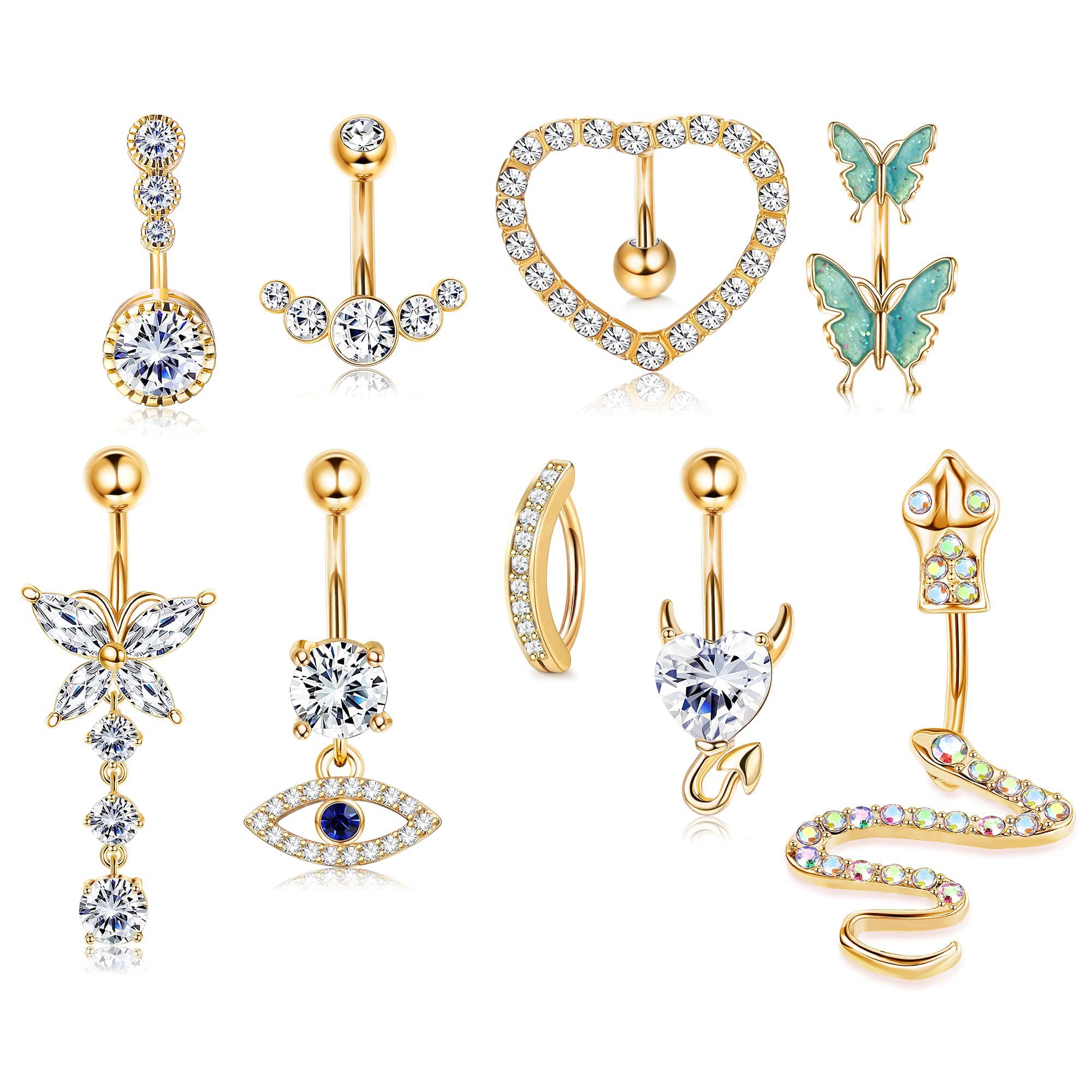 JeryWe 9 Piezas 14G Piercing Ombligo para Mujer Chapado en Oro Lindo Mariposa Serpiente Mal de ojo Corazón CZ claro Acero inoxidable Piercing Joyería