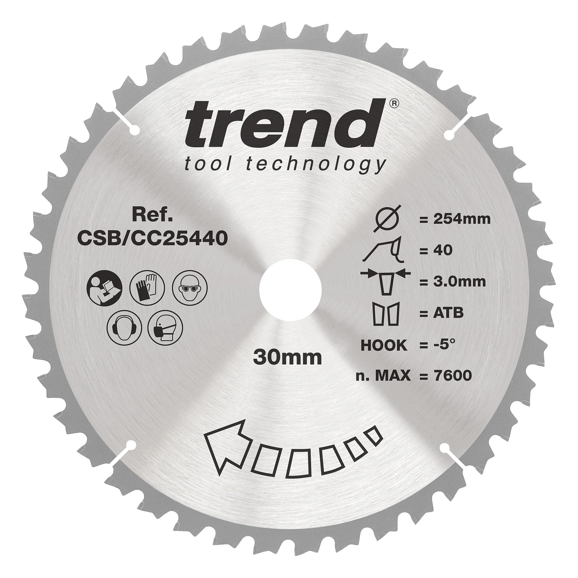 Trend Wood Mitre Saw Blade, 254mm Diameter, 30mm Bore, 40 Teeth, 3mm Kerf, -5° Hook, TCT, Medium Finish, CSB/CC25440
