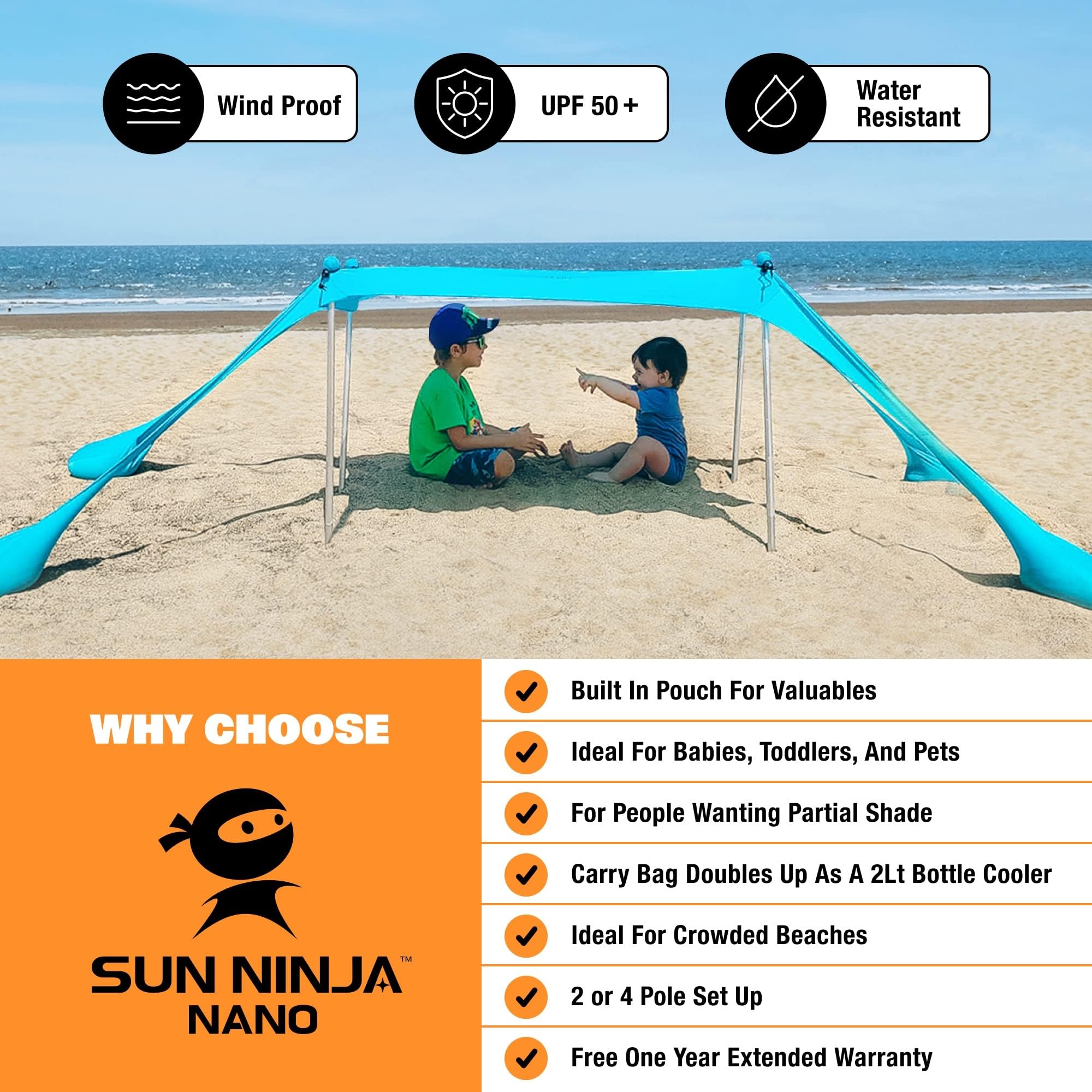 SUN NINJA Mini Tenda da Spiaggia Portatile - Tenda da Sole per Mare - Telo Parasole Pop Up per Campeggio e Picnic - Protezione UV UPF 50+ - Borsa per il Trasporto Inclusa