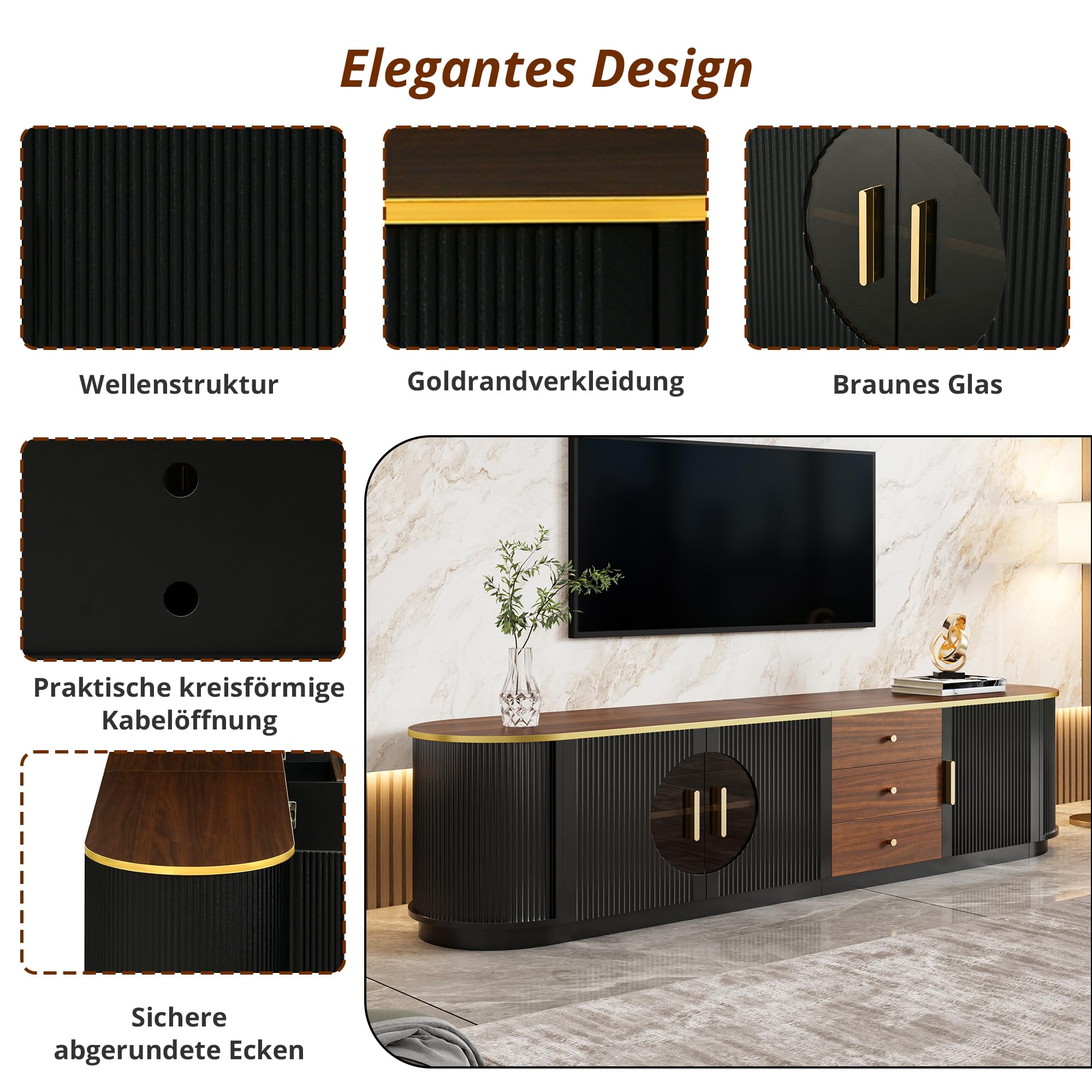 Luxusstil TV-Schrank, Lowboard, Braunes Glas, MDF-Korpus, Aluminiumgriffe, abgerundete Kanten, vertikale Rillenoptik