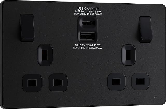 BG Electrical Evolve Double Switched Power Socket with USB C (30W) and USB A (2.1A) Charging Ports (3.1A), 13A, Matt Black