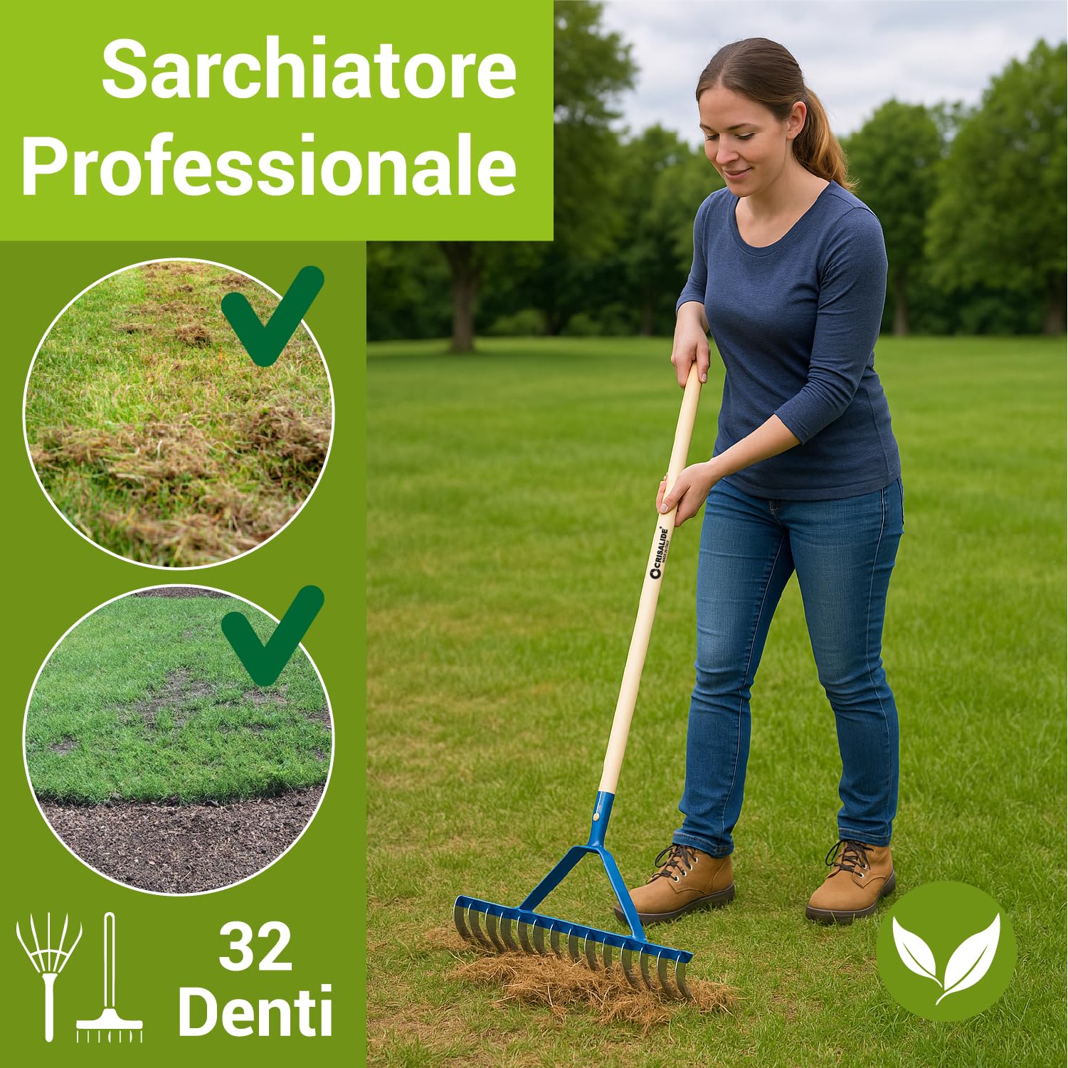 Crisalide® - Rastrello Sarchiatore Arieggiatore, Rastrello da Prato, 32 Denti In Acciaio Zincato, 35cm, Con e Senza Manico (Con Manico)