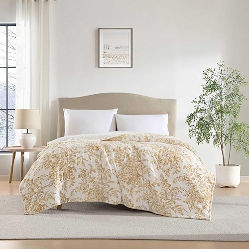 Laura Ashley - Twin Heated Blanket, Ultra-Soft Plush Throw Blanket w/Sherpa Reverse, Medium Weight Bedding w/ 10 Heat Settings & Auto Shut-Off (Bedford Beige)