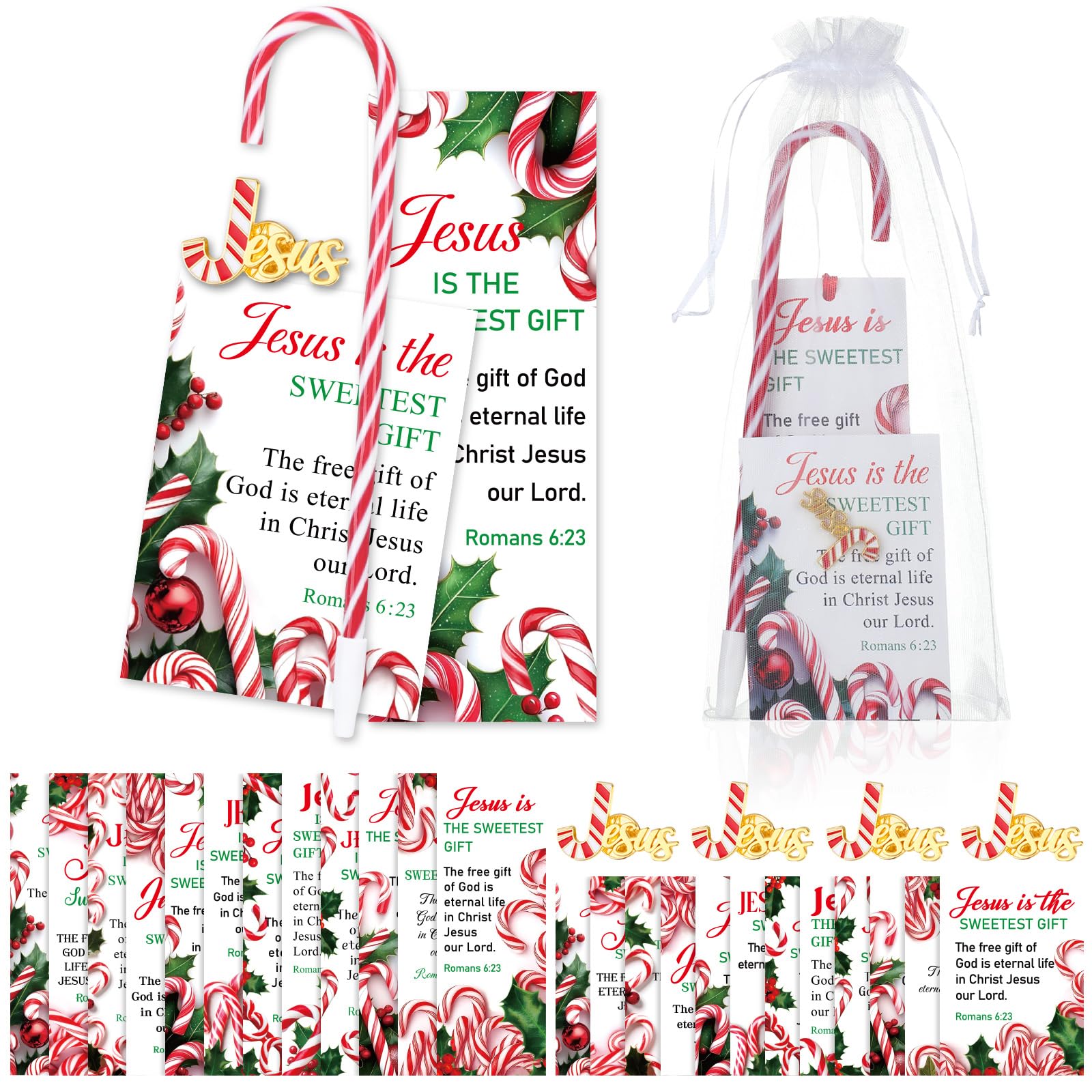 Glenmal 12 Set/ 72 Pcs Candy Cane Pens with Jesus is The Sweetest Gift Bookmarks and Christmas Wallet Prayer Cards Jesus Brooch Pin Christmas Party Religious Gift for Nativity Sunday School Church