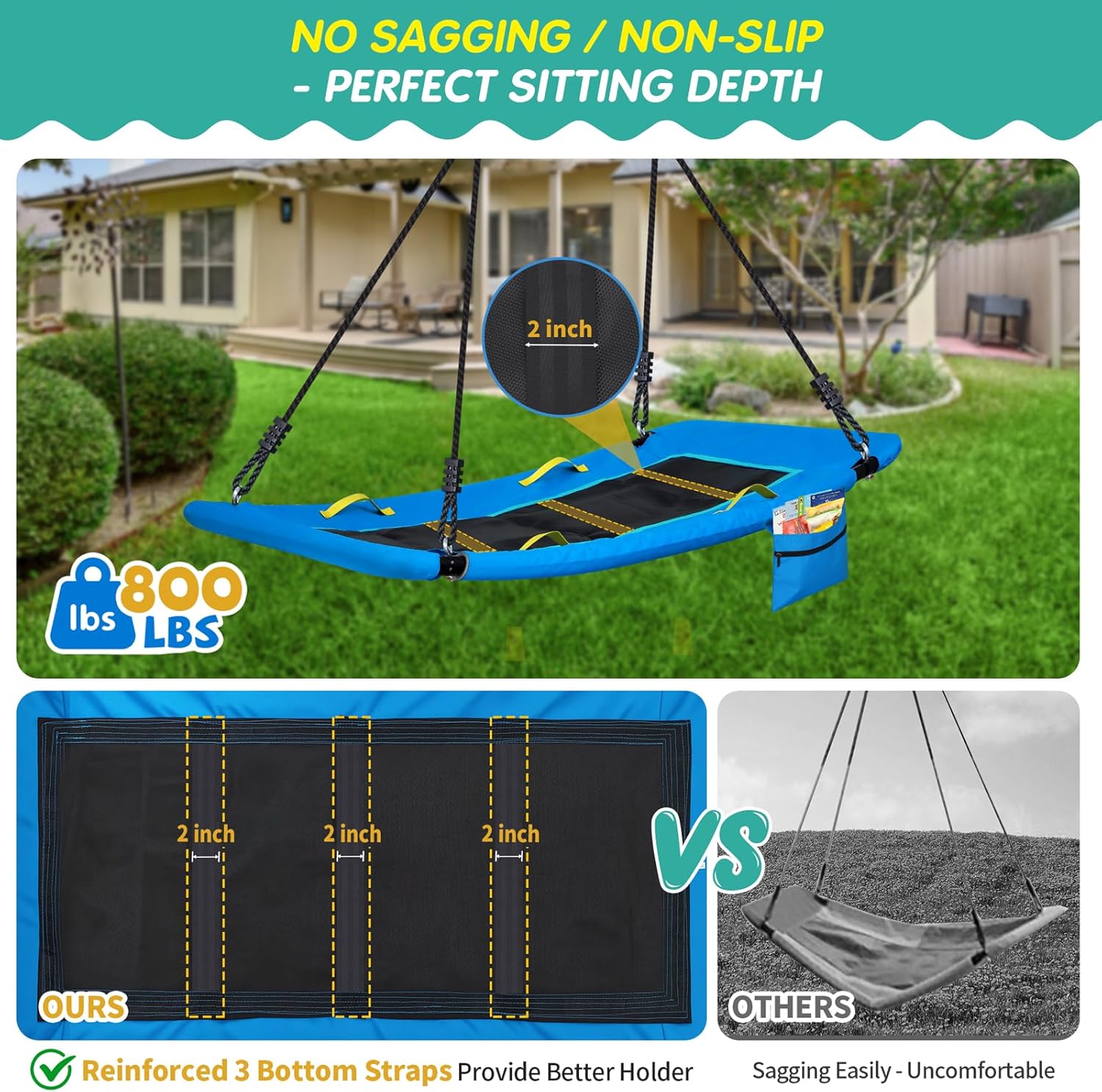 800lb 60 Skycurve Platform Tree Swing for Kids Adults with Pocket | Anti-Sagging Outdoor Giant Platform Swings with Handles | 900D Wear Resistant Large Skycurve Swings for Swing Set
