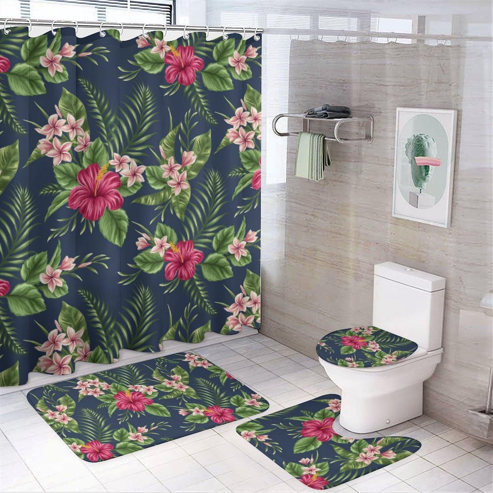 JZemdybill Bathroom Mat Set 4 Piece, Flower Shower Curtain with Non-Slip Bath Mats for Bathroom