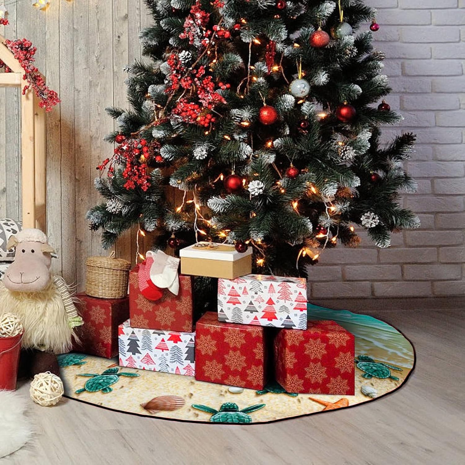 M YESCUSTOM Sea Turtle Christmas Tree Skirt Beach Xmas Tree Mat Starfish Conch Shell Farmhouse Rustic Party Home Decoration Halloween Happy New Year Holiday Indoor Outdoor Ornaments 48 Inches
