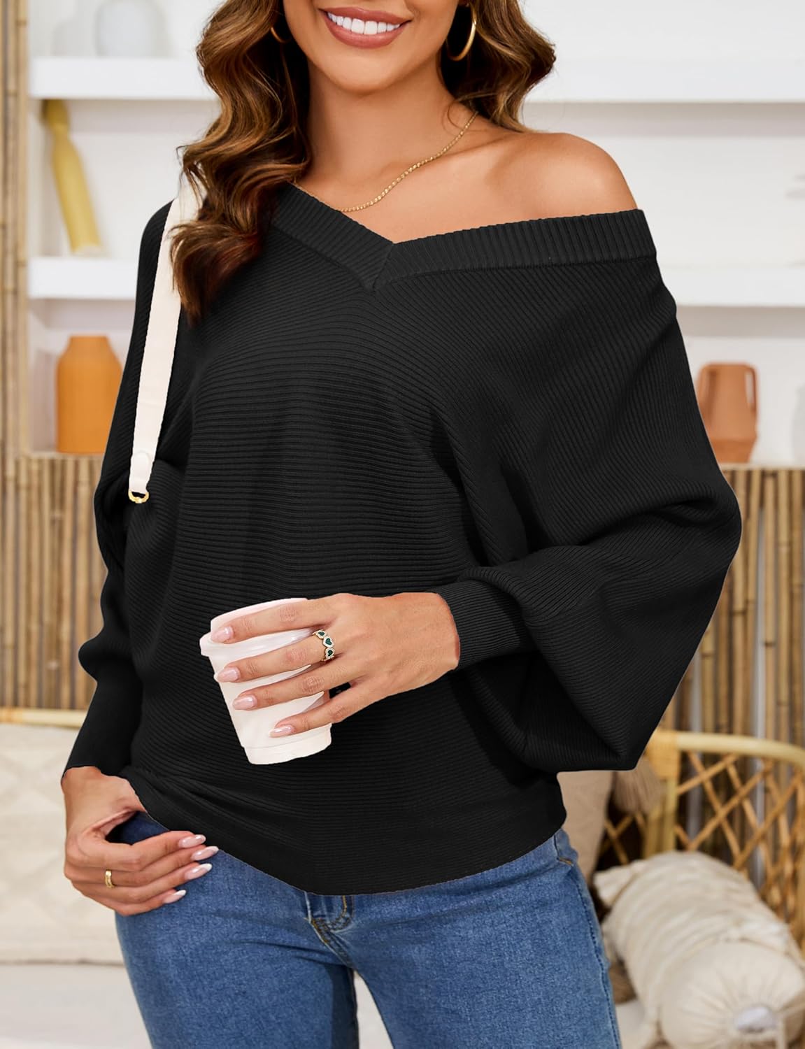 Women's Oversized V Neck Fuzzy Sweaters 2025 Casual Loose Long Sleeve Chunky Knit Pullover Jumper Tops - Image 5