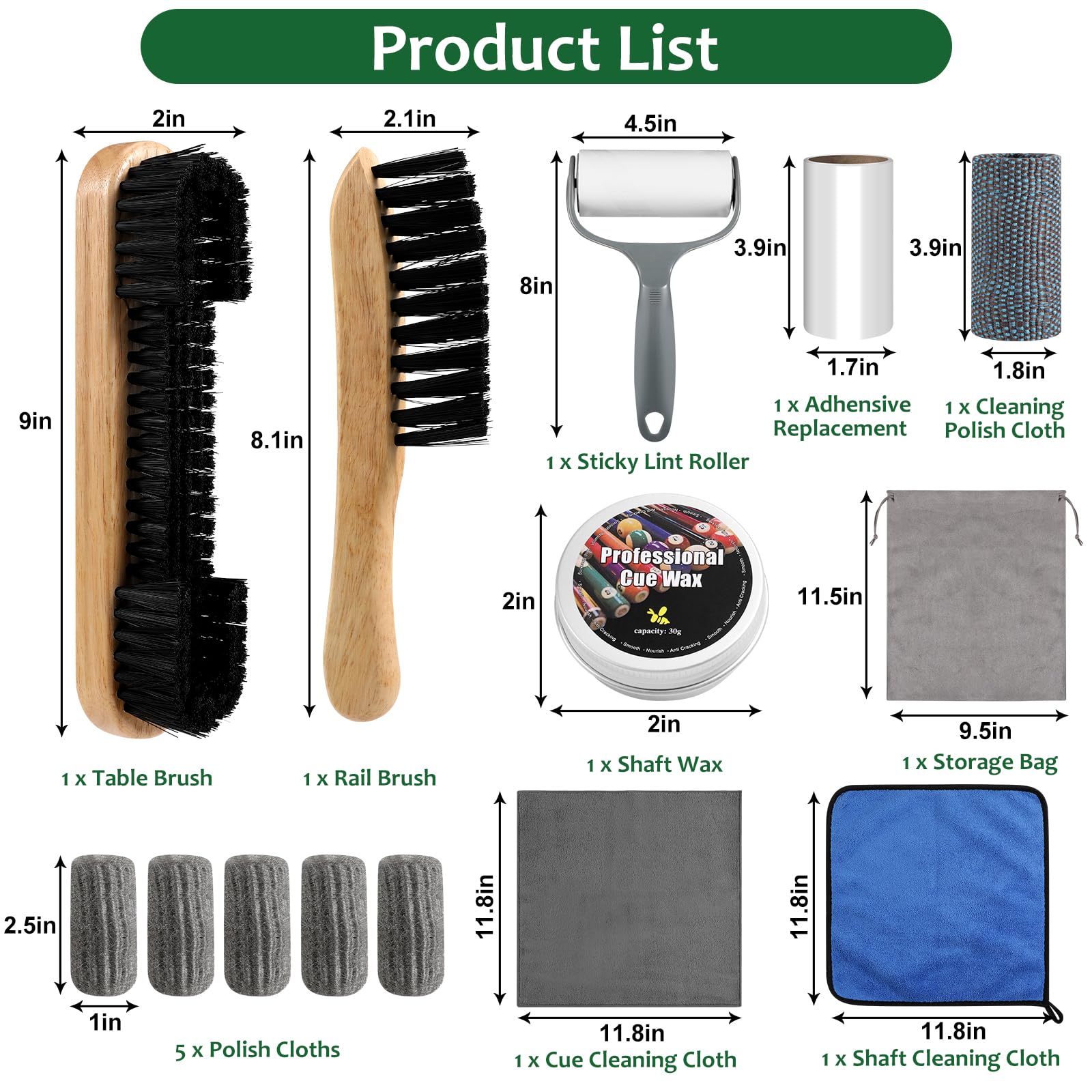 Winucue Pool Table Brush Set, 14pcs Billiard Table Felt and Cue Cleaning Accessories with 2 Wooden Brushes, Cue Cleaning Cloth, Ferrule Polish Cloth, Shaft Wax, Towel Burnisher and Sticky Lint Roller