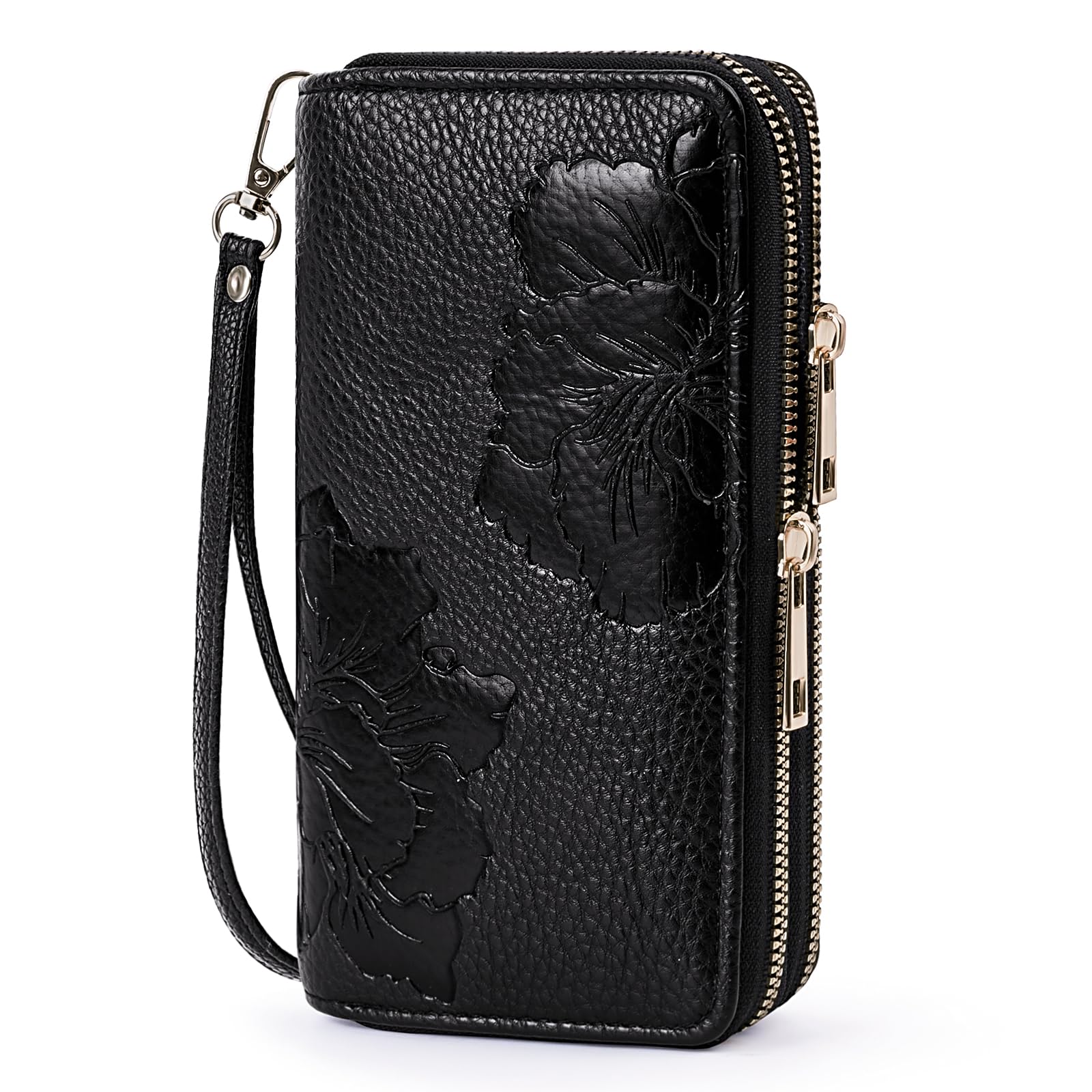 Ausolphia Leather Womens RFID Blocking Wallets Wristlet Clutch Double Zipper Wallet Large Capacity for Phones Credit Card Holder Black