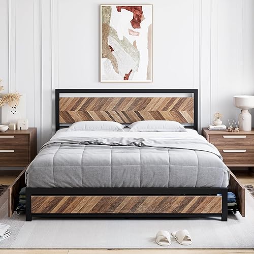 GAOMON Base de cama de tamaño matrimonial con 4 cajones de almacenamiento, marco de cama de plataforma de metal con cabecera de madera rústica