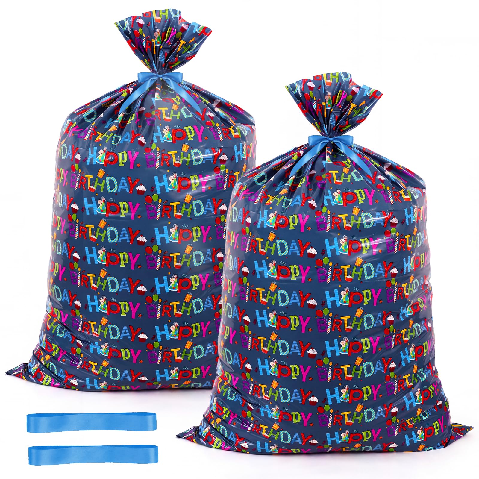 woric 2 Pcs Extra Large Birthday Gift Bag, 36 * 56in Oversized Gift Bag Plastic with Ribbon Jumbo Happy Birthday Present Bag for Stuffed Animals, Bikes, Bedding, Clothes