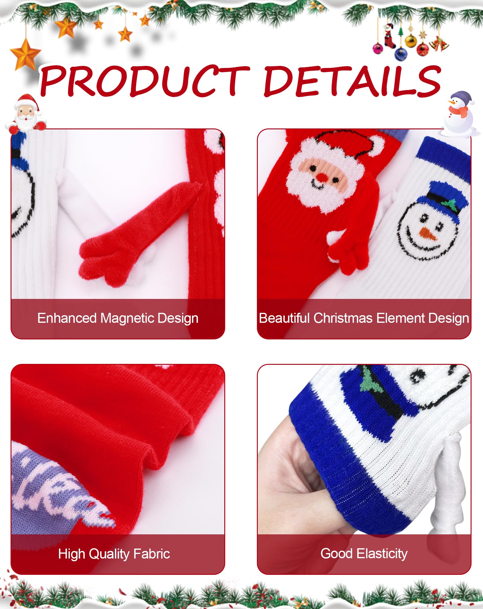 Lot de 4 paires de chaussettes de Noël amusantes tenant les mains, magnétiques pour homme et femme, chaussettes de vacances folles avec imprimé de Noël, chaussettes de Noël fantaisies pour couple