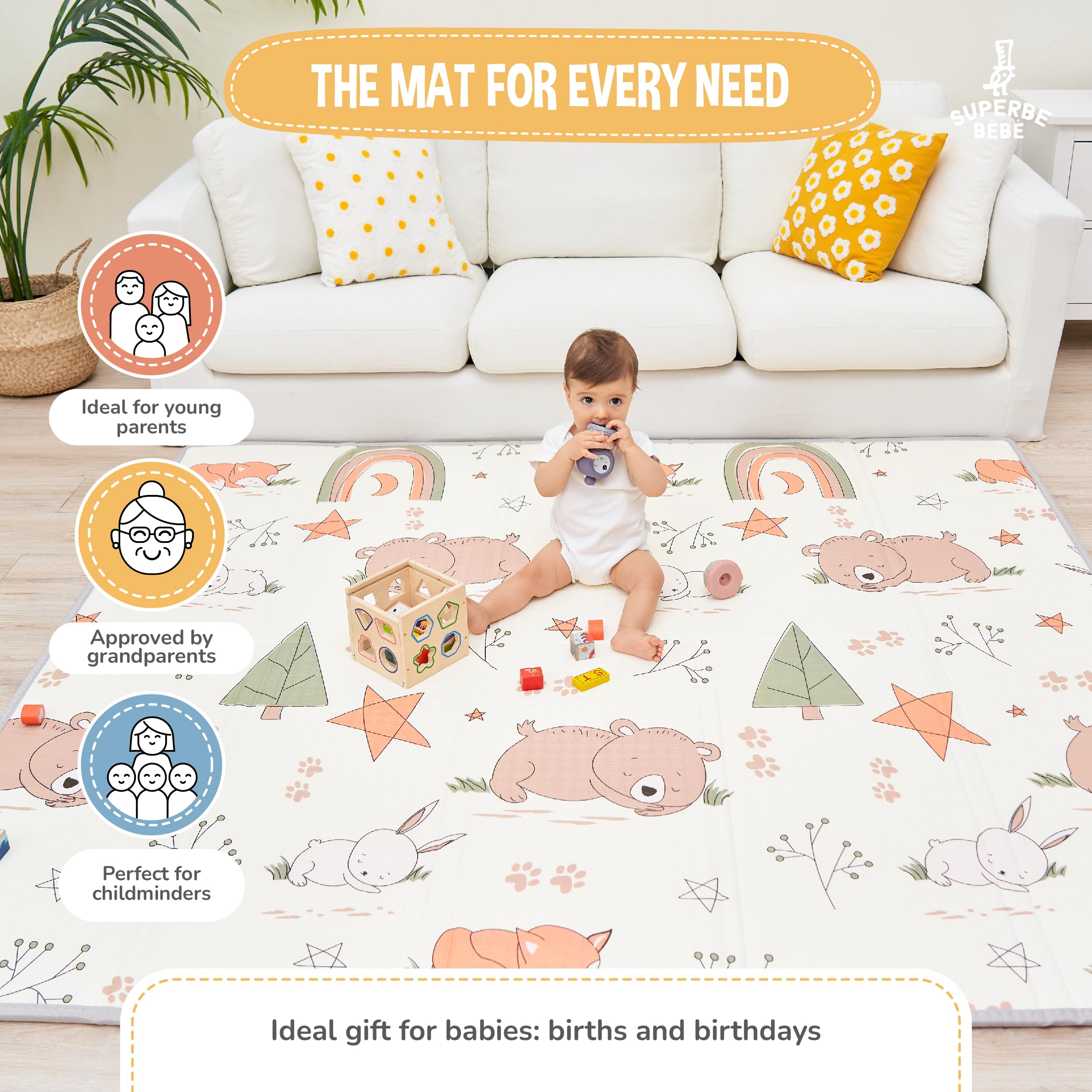 SUPERBE BEBE Tappeto Per Bambini e Neonati Reversibile e Non Tossico, Pieghevole e Impermeabile in Schiuma Per Bimbi. Per la Camera del Bambino o della Bambina. Grande Formato Regalo Bambino