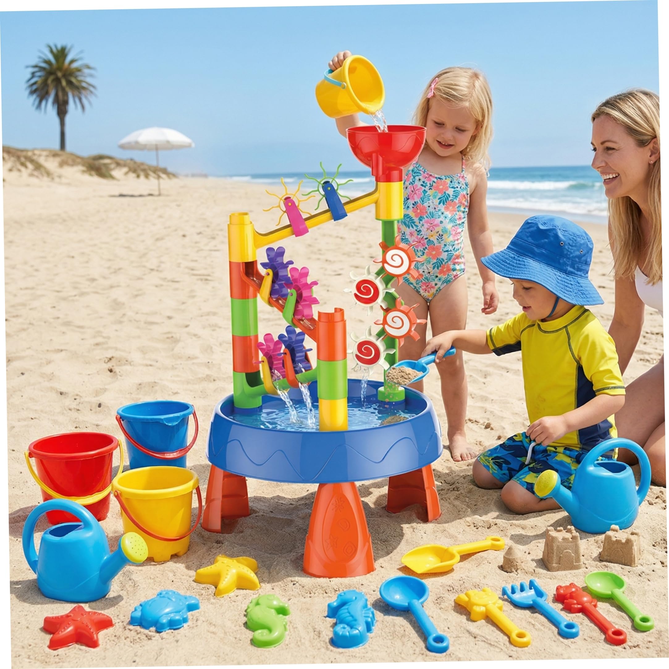 Baby-Wassertisch, Kinder-Wassertisch zum Spielen im Freien, Kleinkinder, 32-teiliges Sandspielzeug-Set mit Rad, Eimer, Schaufel für Kinder im Alter von 1–8 Jahren, Sommer, Strand, Hinterhof-Spielen