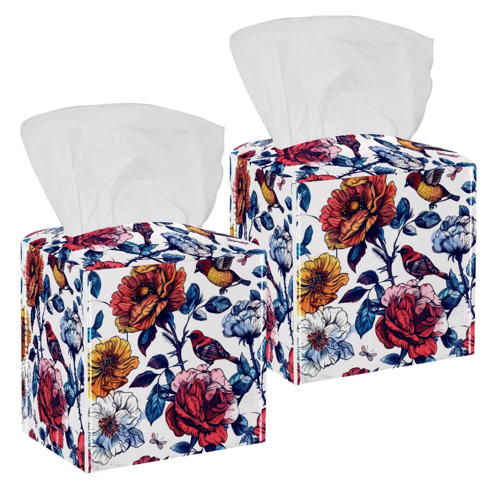 Birds Flowers Tissue Box Cover, 2 Pack PU Leather Square Facial Tissue Dispenser Box holder for Home Office Car