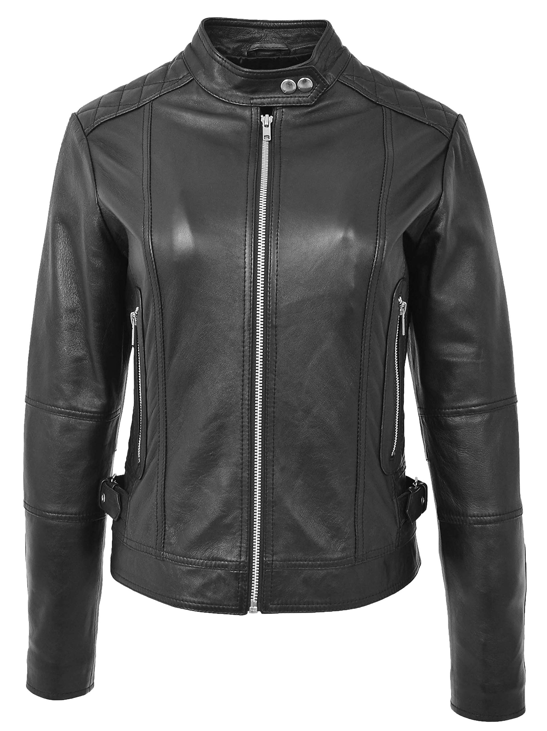 Womens Real Leather Biker Jacket Casual Zip Fastening Style Ruby (16, Black)