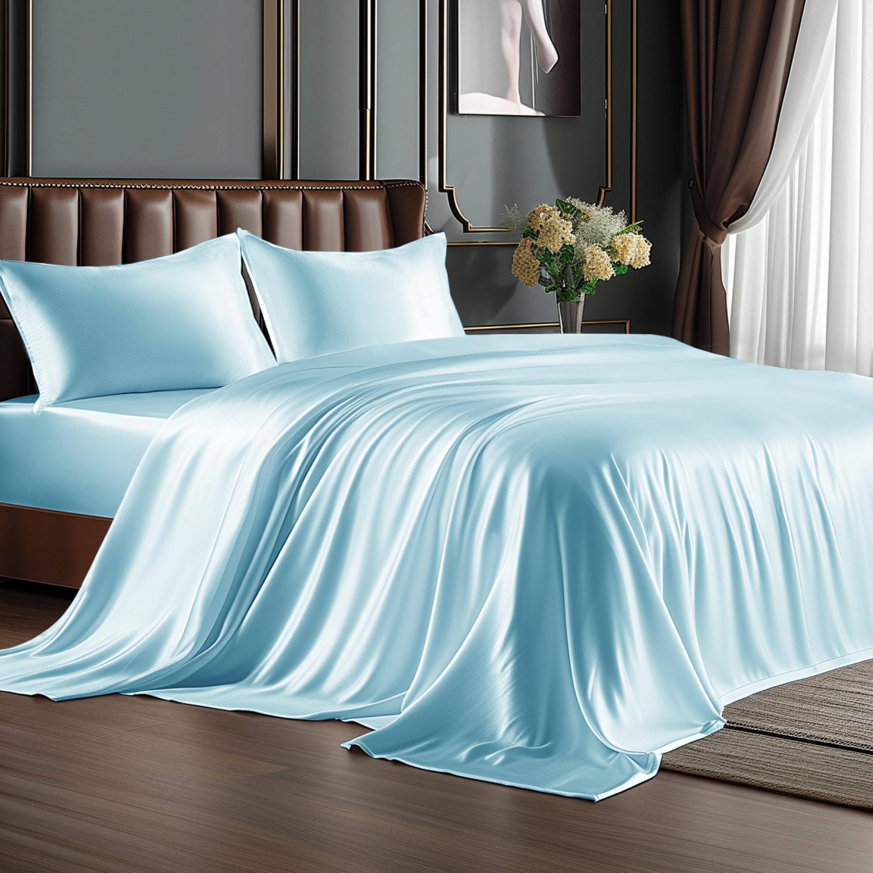 BEDELITE Satin Sheets Full Size Bed Set, Luxury Soft Light Blue Silky Sheet for Hair and Skin, Similar to Silk Bed Sheets Set 4 Pieces with 1 Deep Pocket Fitted Sheet, 1 Flat Sheet, and 2 Pillowcases