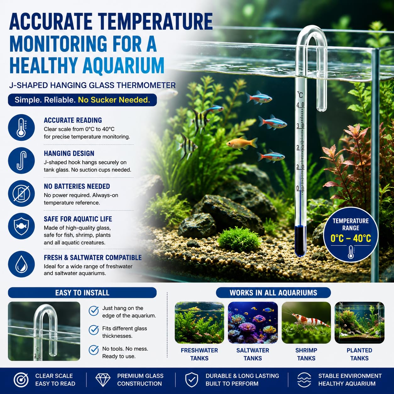 PetzLifeoworld Aquarium Fish Tank Hanging Thermometer No Sucker Needed | Accurate Reading 1