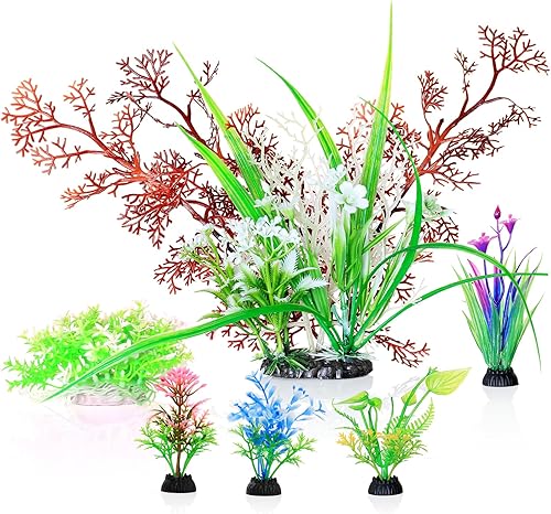Plantas de acuario, pecera artificial, plantas de plástico, decoración de plantas de coral falso, color blanco y rojo, juego de 6 piezas
