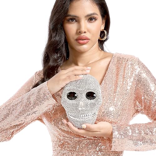 Miniatura 9 de Boutique De FGG Bolso de mano de cristal de calavera para mujer, bolso de mano de noche con diamantes de imitación, para fiesta, graduación,