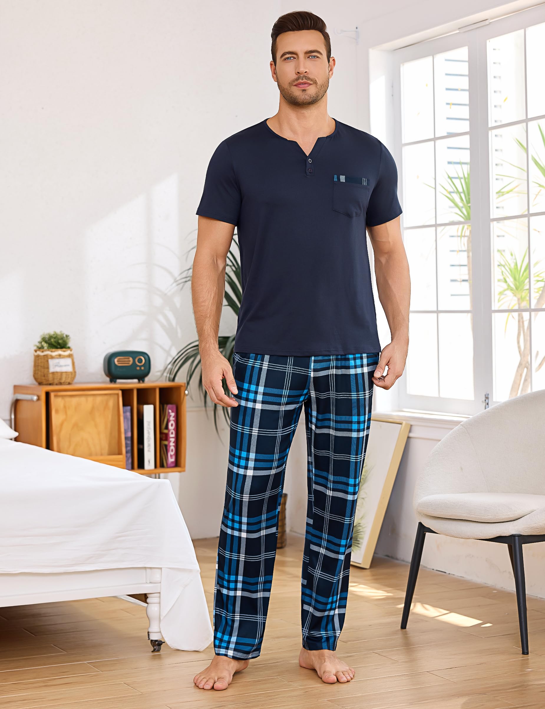 Bresdk Pijama Hombre Invierno Algodón Conjunto de Pijamas con Camiseta Manga Corta y Largos Pantalones con Bolsillos y Cordón 2 Piezas S-3XL