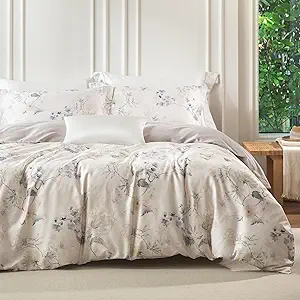 MILDLY Twin Size Duvet Cover Set 100% Long-Staple Cotton Luxury Elegant Floral Patten Reversible Comforter Cover Set 2Pcs
