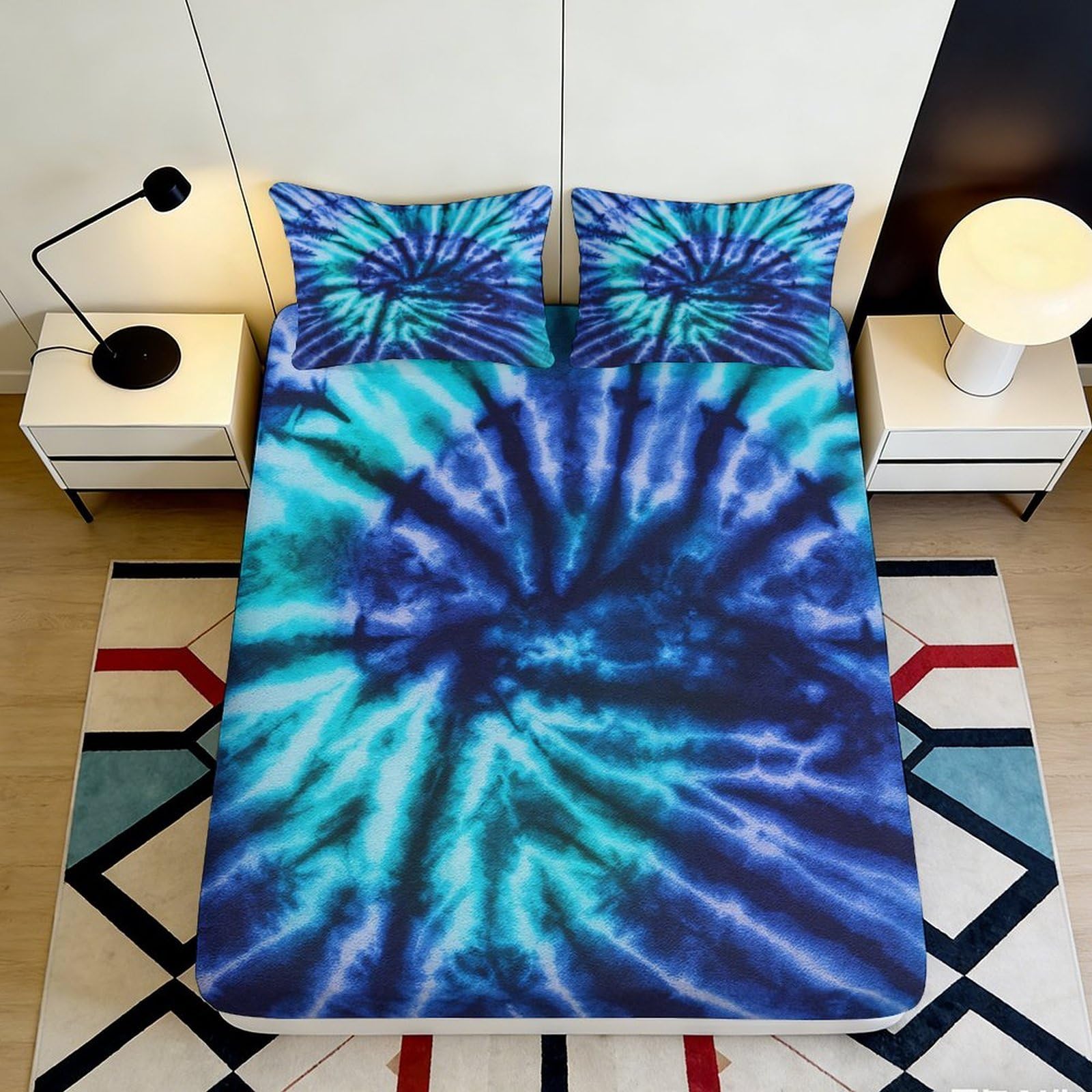 3D Printed Blue Tie Dye Fitted Sheet Microfiber Soft Breathable Spiral Swirl Mattress Cover for Bedroom Dorm Mattress Protector 180x200x25cm