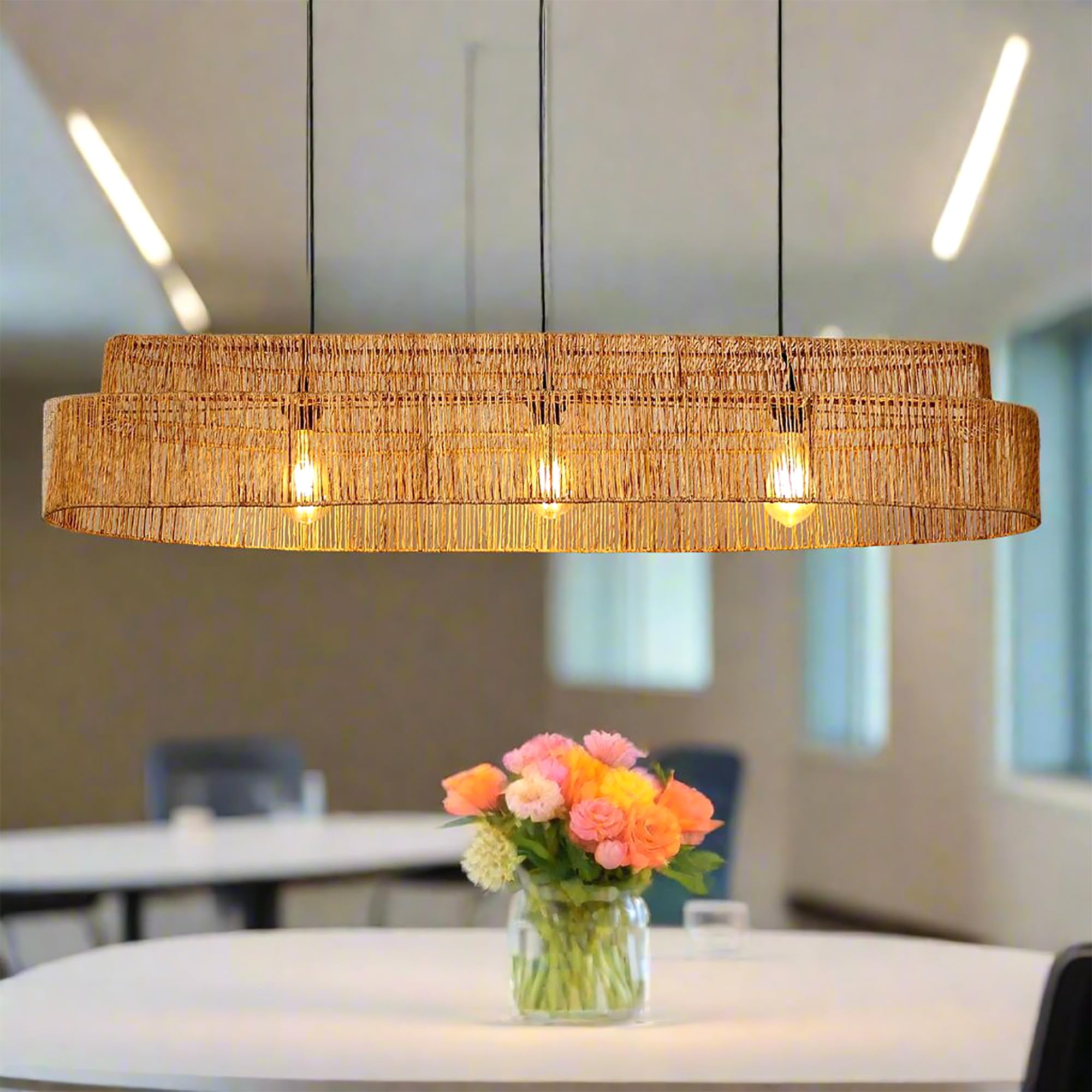Habere India-All The Cultures Fabricating India Lampshade | Hanging Lights For Living Room | Lamp Shades For Living Room | Hanging Lights | Rectangular Seagrass Lamp - Beige (L120xW32xH25 cm)-image-31