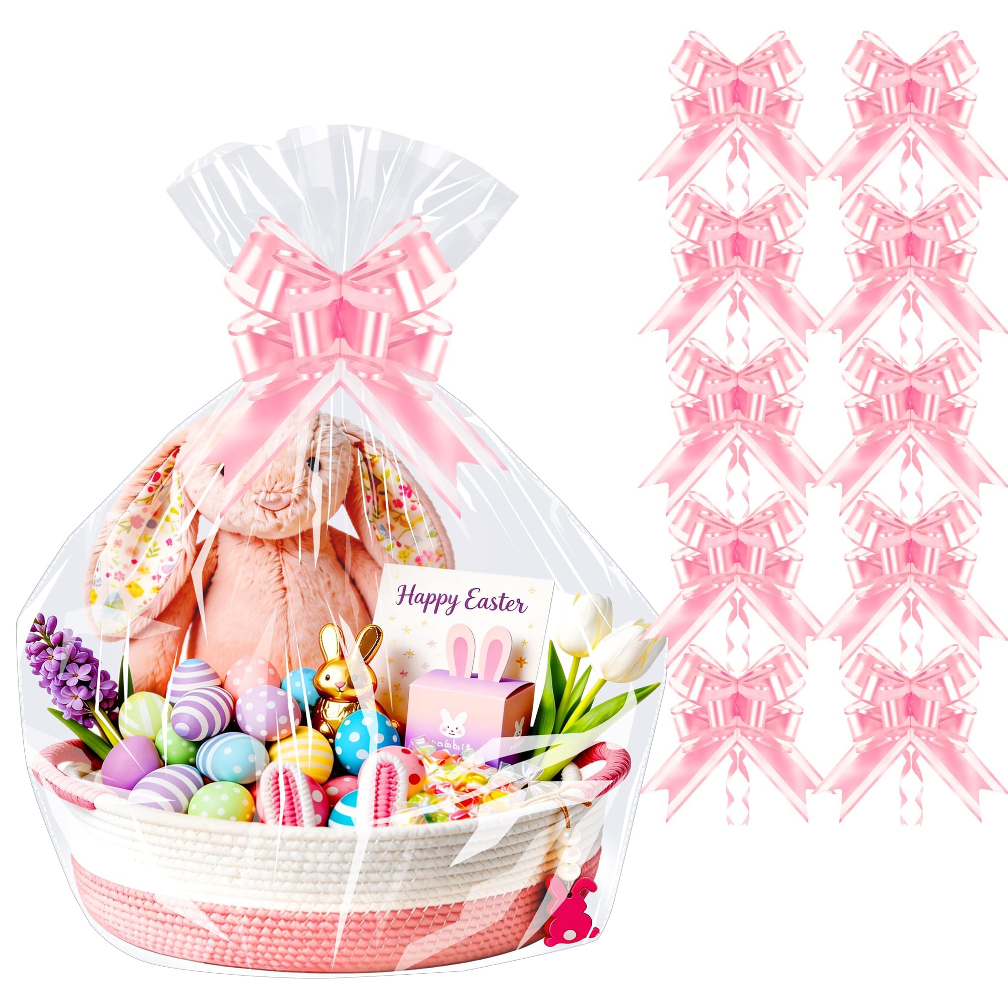 PigPotParty Cellophane Bags for Gift Baskets, 24x30 in, 10 Pack, Pink Bows