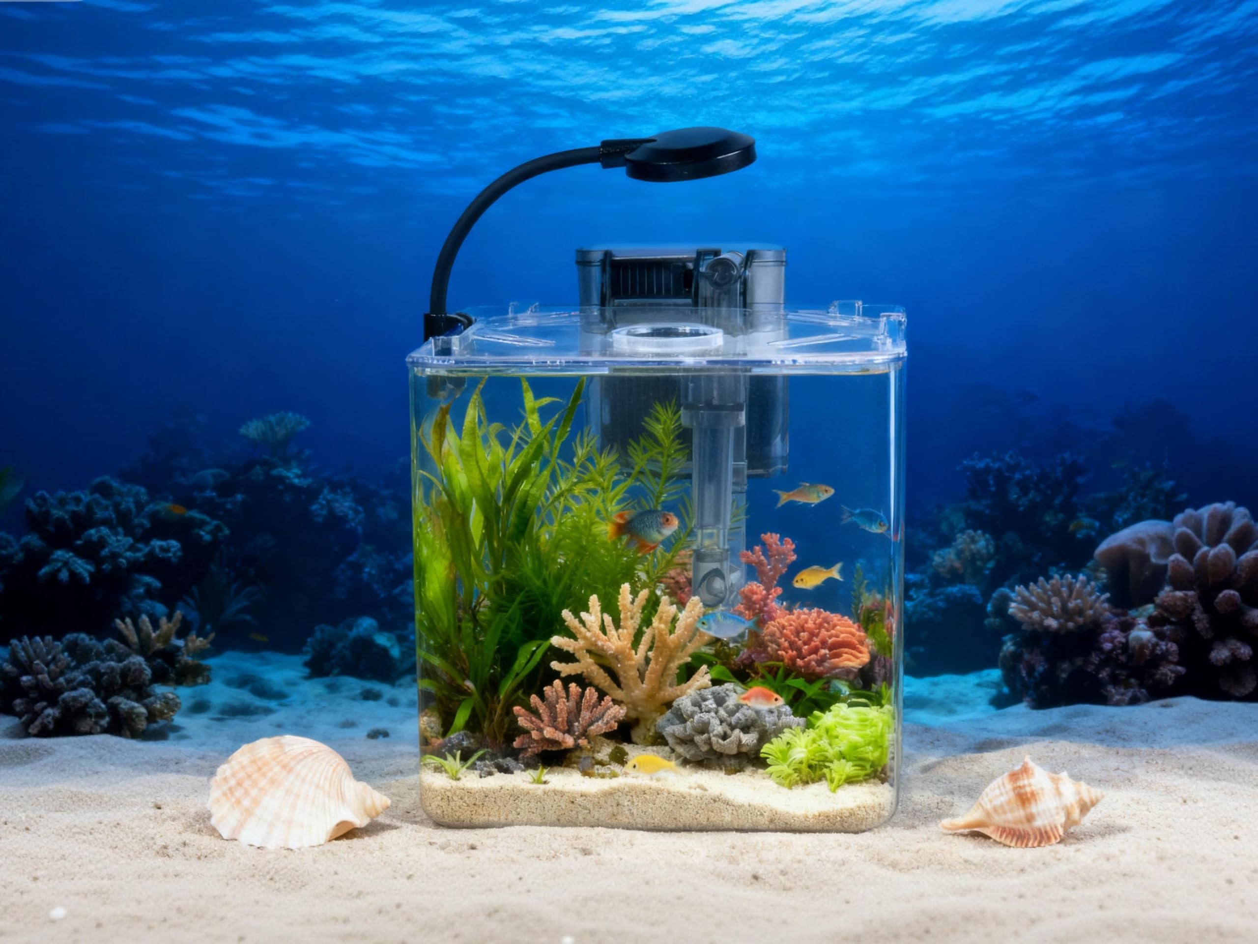 Set de acuario de 5 l para principiantes, 18 x 18 x 18 cm, mini acuario de plástico con lámpara LED y filtro USB, 5 l