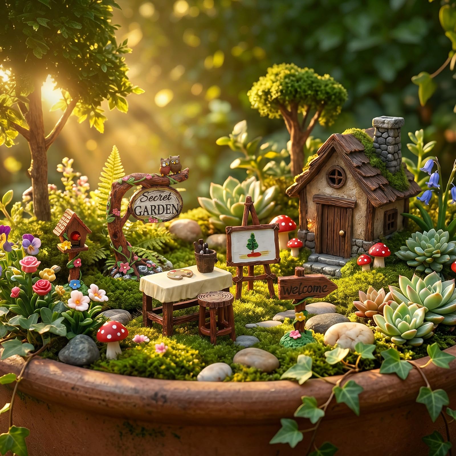 7 Pcs Fairy Garden Accessories, Mini Furniture Ornaments, Outdoor Miniature Table and Chairs Set