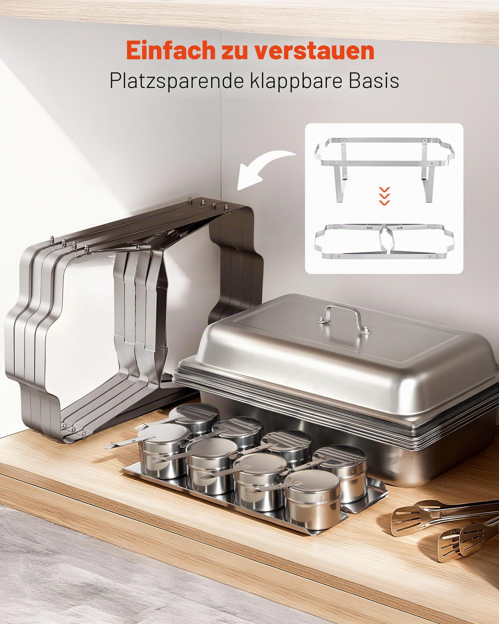 VEVOR rechteckiger Chafing Dish Set 8,5 L Speisenwärmer Buffet Warmhaltebehälter mit Griff & Lebensmittelzange & Deckel & Brennstoffhalter, geeignet für Bankett Party Hochzeit Silber (4)