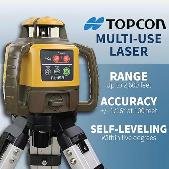 Topcon RL-H5A Laser Transit Leveler Kit - LS-80X Rotary Laser Receiver with Rod Bracket - 36-60in Precision Level 360 Laser Tripod - 13ft Fiber Rod Level Tool with Inch Increments for Construction