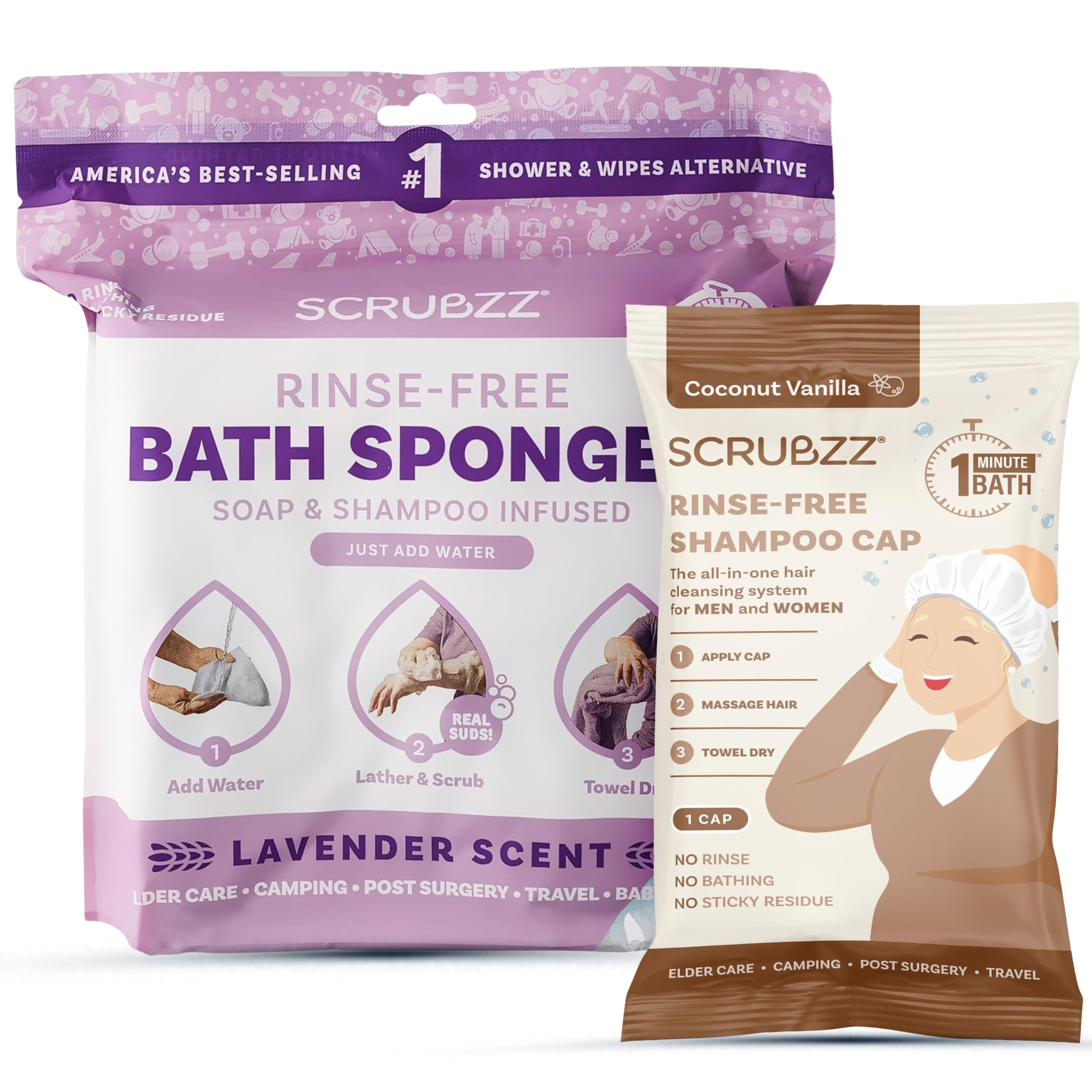 Scrubzz Lavender Scented Rinse Free Bathing Sponges and Coconut Vanilla Shampoo Cap Bundle for Elderly Bedridden and Post Surgery Patients