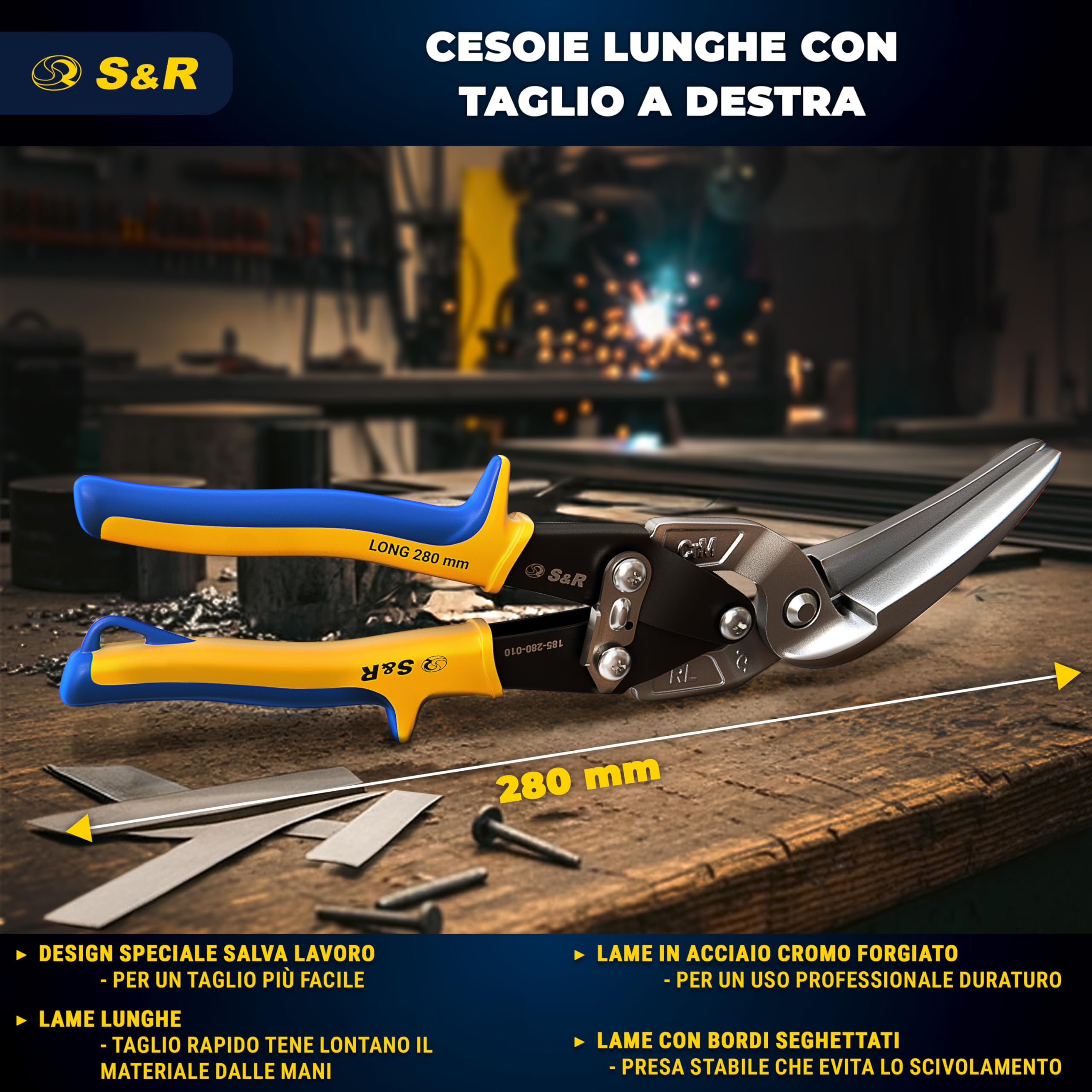 S&R Cesoie per Lamiera Professionali 280 mm, Taglio a Destra, Lame CrMo 48 mm per Acciaio Inox