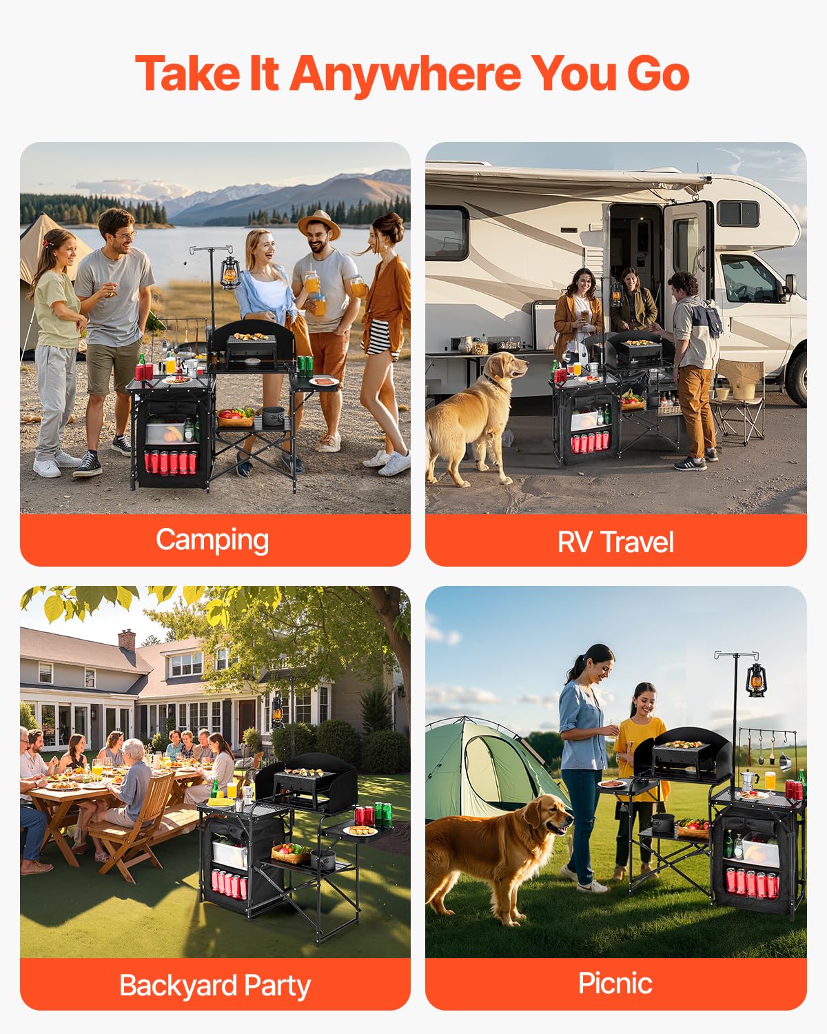 VEVOR Tavolo da Cucina da Campeggio all'Aperto, Stazione di Cottura Portatile in Alluminio con Armadio Portaoggetti, Borsa per Trasporto, Parabrezza Staccabile, per Barbecue, Festa, Picnic, Nero
