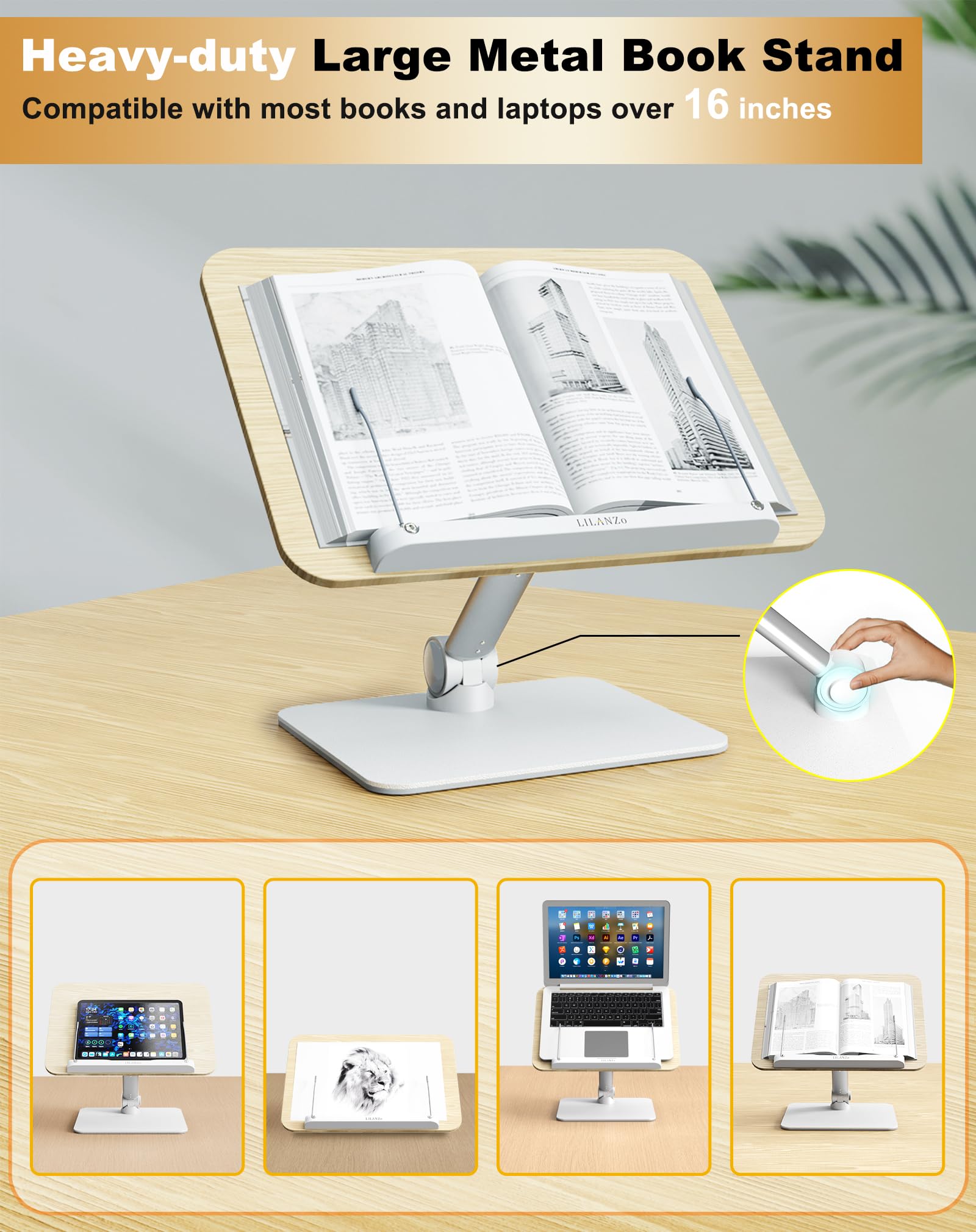 Large Book Holder Stand for Reading, LILANZo Adjustable Laptop Book Stand Holders Hands Free, Foldable Metal Desktop Book Stand for Cookbook, Sheet Music, Recipe, Textbook (Heavy Duty, Paper Clips)