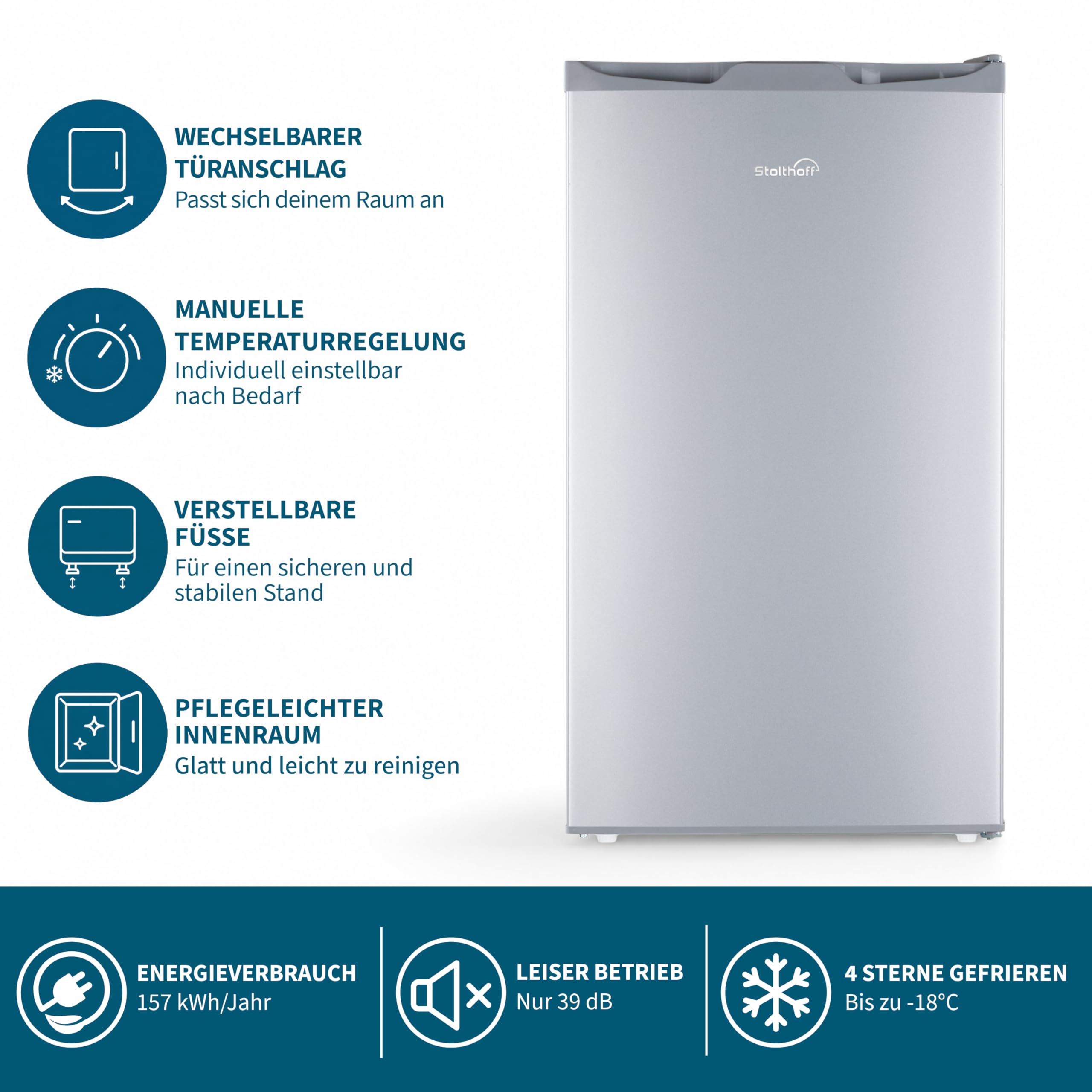Gefrierschrank klein 63L, Mini Gefrierschrank, Glasablage, 4 Sterne Tiefkühlschrank bis -18 °C, leise 39 dB, Türanschlag wechselbar, freistehend, für Küche/Büro/Keller/Camping, Silber