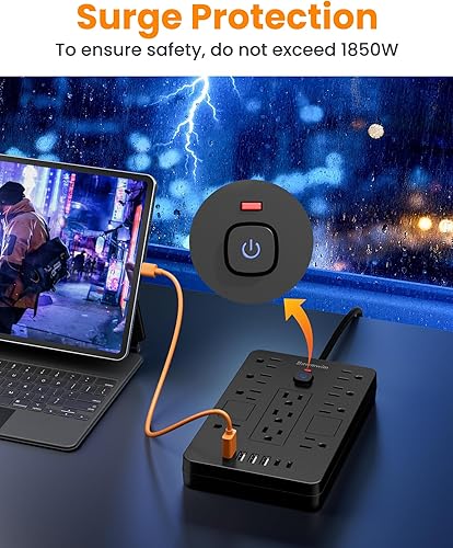 Miniatura 6 de Regleta protectora de sobretensiones, 11 tomas de corriente (1850 W15 A) con 6 puertos USB (2 USB C), cable de extensión de enchufe plano de 6 pies,