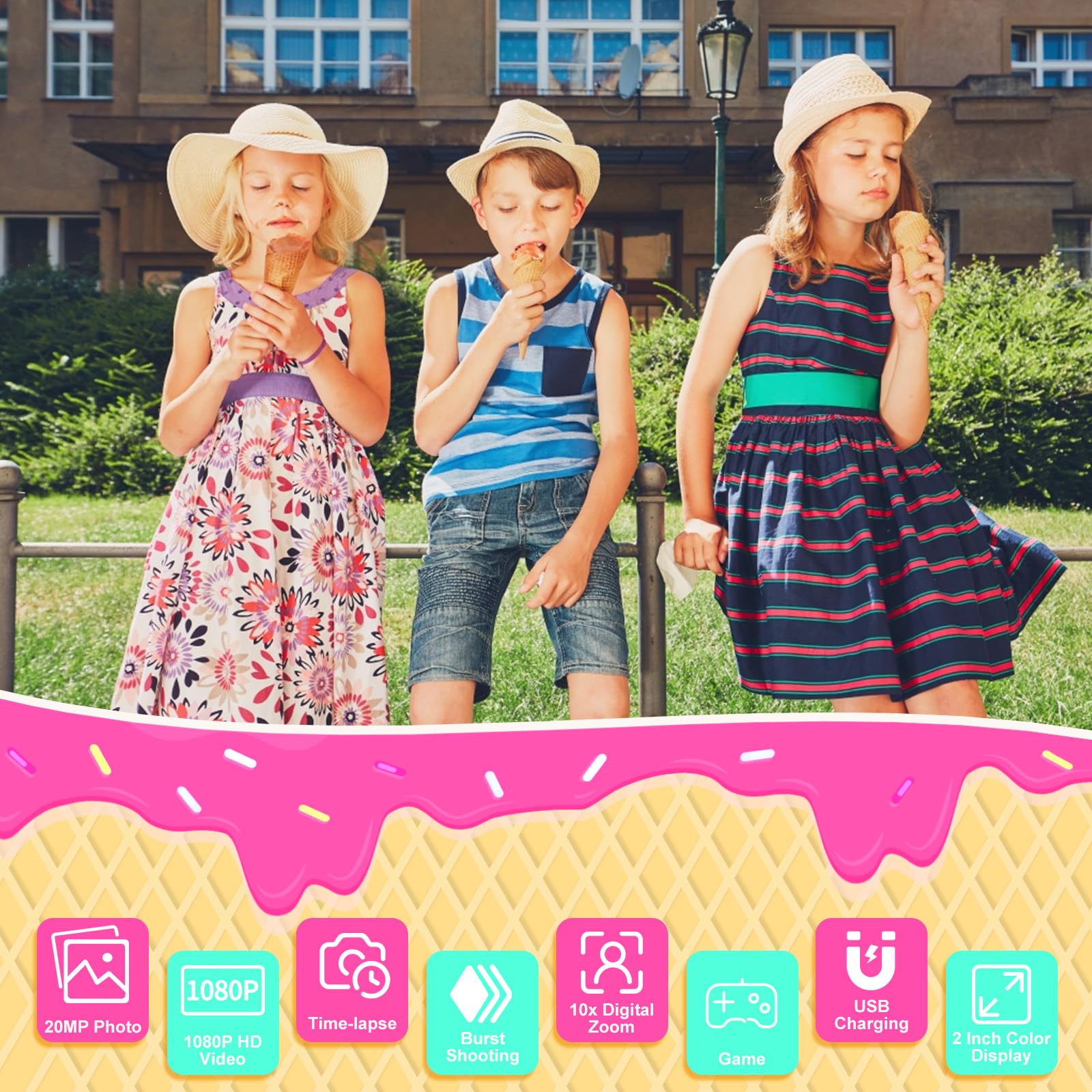 Ushining Macchina Fotografica, 10X Zoom Mini Fotocamera Digitale 20MP 1080P Selfie Videocamera con 2,0 Pollici Schermo Scheda TF da 32 GB, Regalo per Ragazze 3-12 Anni, Gelato