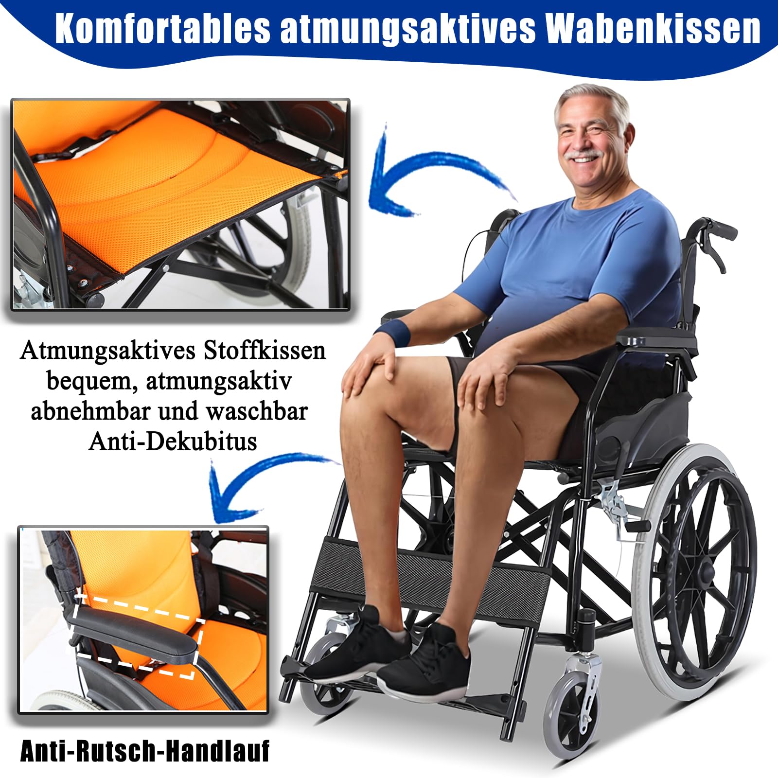 Rollstuhl faltbar leicht, Belastbarkeit 150 kg, Leicht Faltbar Rollstuhl mit Trommelbremse, Leichtgewicht Schmal Rollstühle mit Selbstantrieb, Reiserollstuhl, Sitzbreite 44.5 cm,Schwarz